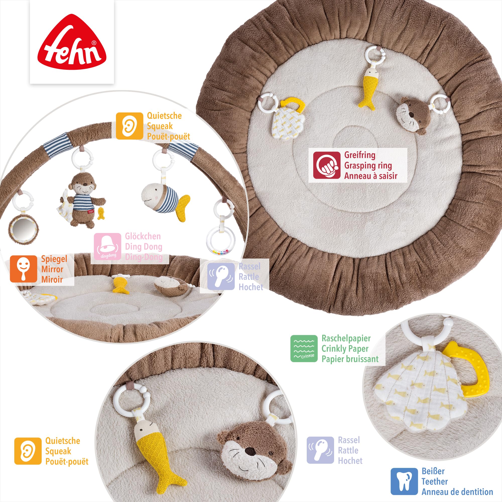 Fehn nido de actividades 3D arco de juegos nutria - Manta de juego para bebés redondo con 5 juguetes extraíbles para agarrar - para bebés y niños a partir de 0 meses - como regalo por el nacimiento