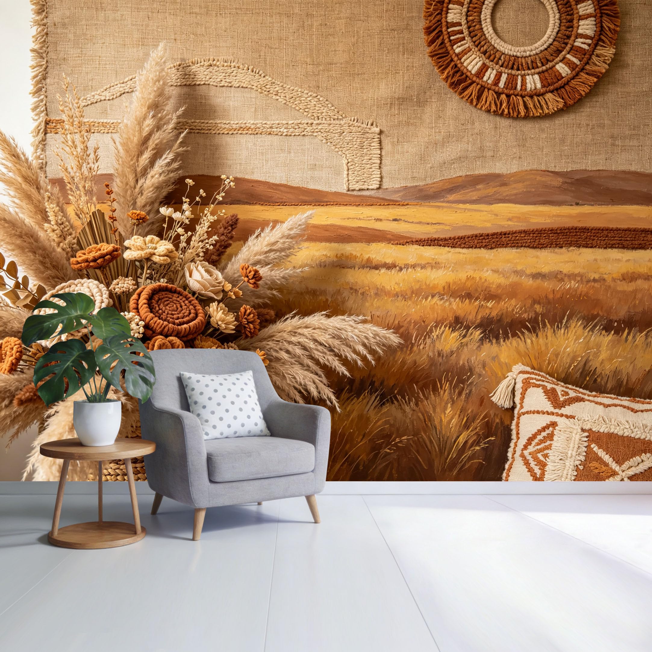 Custom Size Wall Mural Bohemian Dried Pampas Grass Field Landscape Rustic Textured Fabric Art SelfAdhesive Wall Fabric Removable Wallpaper for Home Office Decor