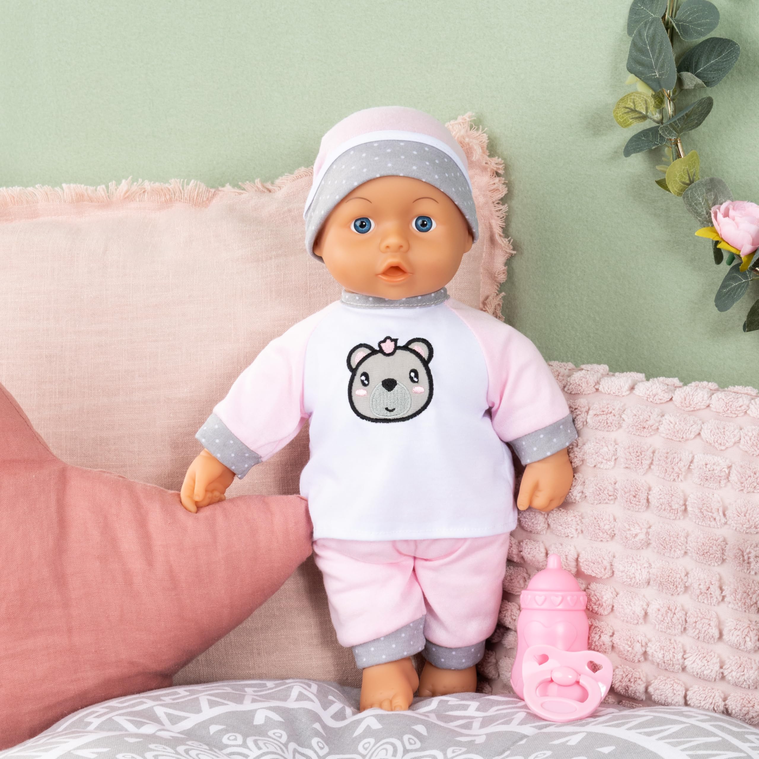 Bayer Design 93602AA Bambolotti, Educativa, Interattiva, Kiss Baby, Bambola parlante, dà un bacino, con biberon e ciuccio, rosa, bianco, 36 cm