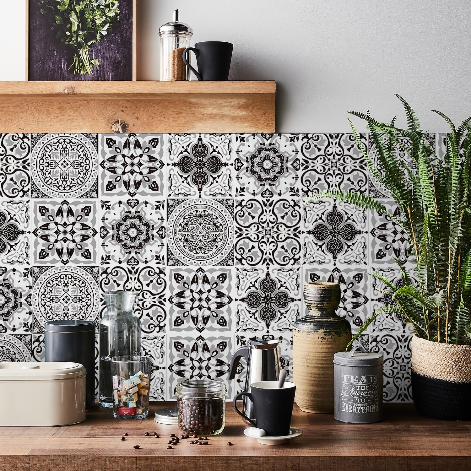 Ntrniva Flowers40 Black White Tile Stickers 15X15cm (24Pcs), Victorian Peel And Stick Wall Tiles For Kitchen Splashback, Waterproof Self Adhesive Monochrome Tile Transfers For Bathroom, Stairs & Fireplace (6X6 Inch)