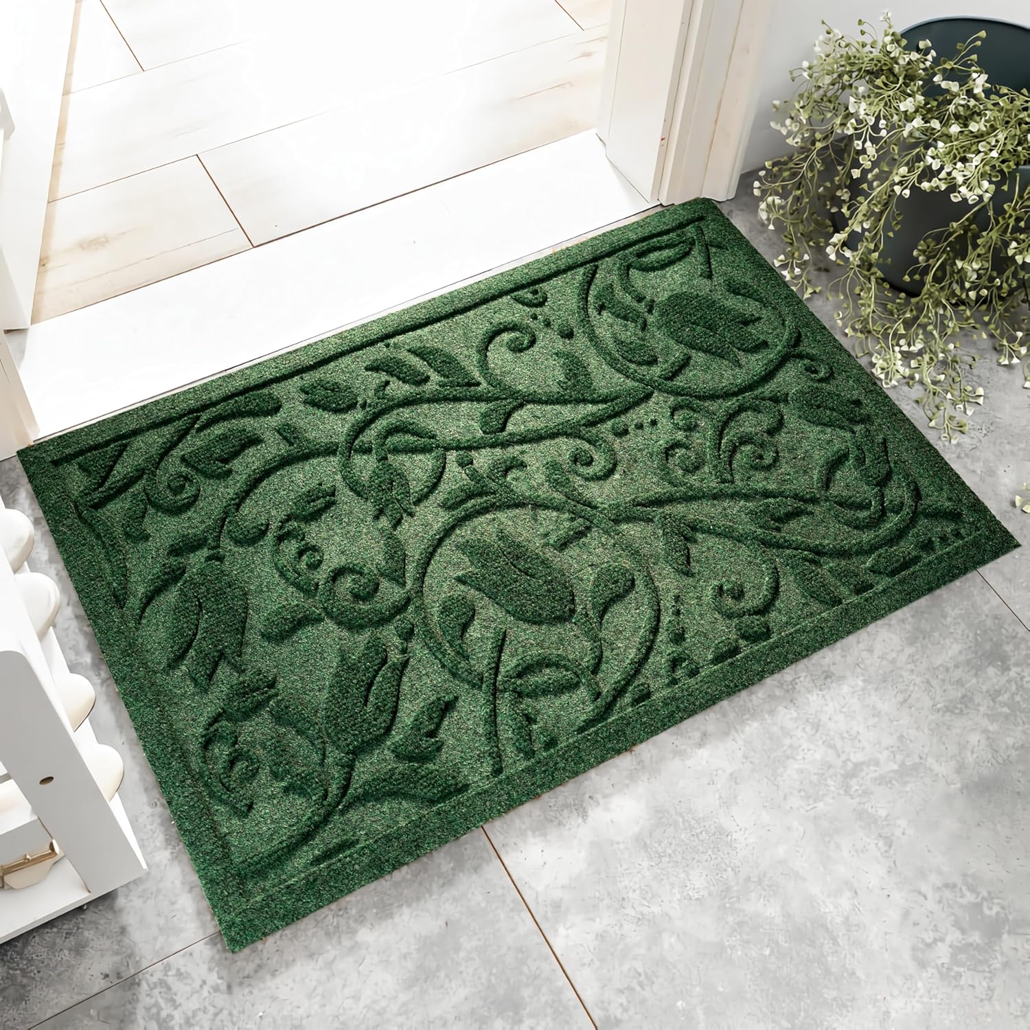 Boho Green Floral Leaves Outdoor Indoor Entrance Doormats, Absorbent Durable Heavy Duty Welcome Front Door Mat,Thick Natural Rubber Back,Easy Clean Entryway Mat 23x35 Inch, Low Profile Tulip-green 1'11" x 2'11" (Rectangular)