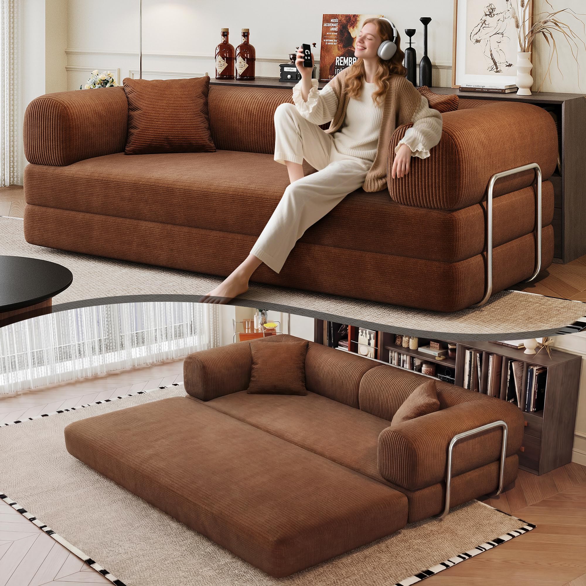 79" Convertible Sleeper Sofa Bed, Modern Corduroy Floor Couch Bed with Silver Fixed-Shape Frame, Modular Sofa Couch with Pull Out Bed, Loveseat Sleeper Boneless Couches for Living Room, Brown