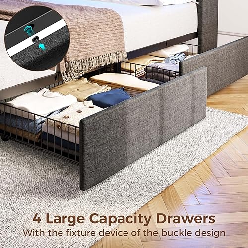 Miniatura 6 de Rolanstar Base de cama de tamaño individual con luces LED y estación de carga, cabecera y cajones tapizados, listones de madera resistentes, fácil