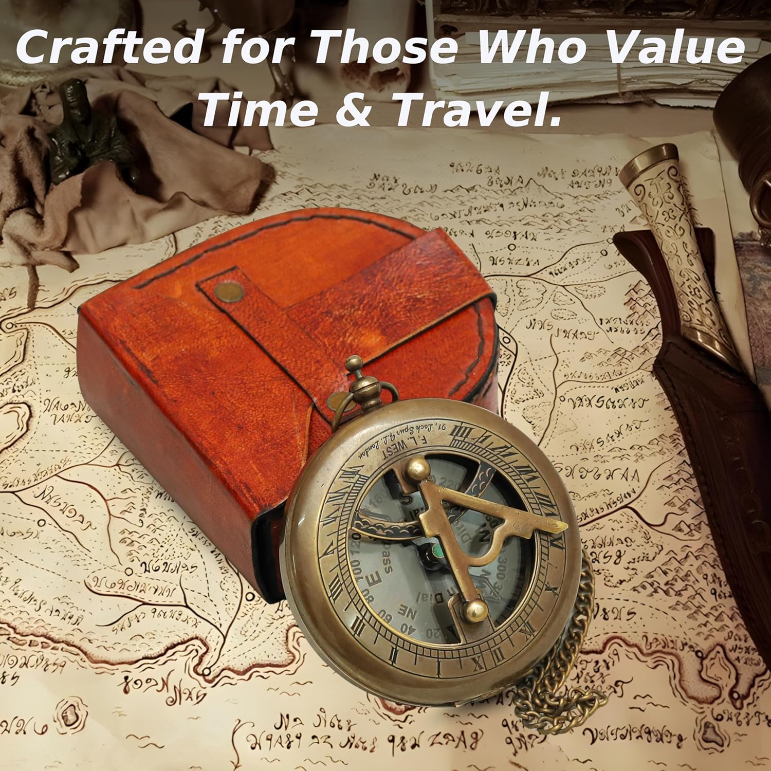 Antique Brass Sundial Compass with Leather Case – Handcrafted Vintage Compass with Roman Numerals, Functional Sun Dial, Collectible Nautical Gift for Travelers, Explorers & Home Décor