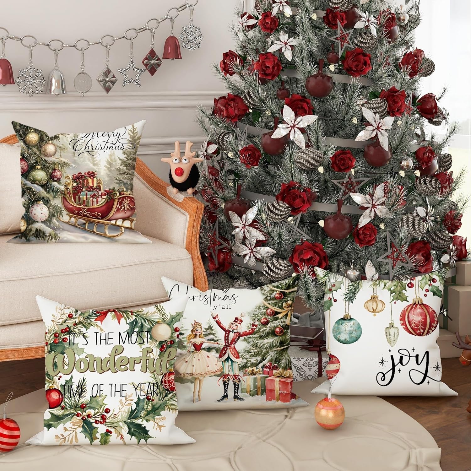 Christmas Throw Pillow Covers Set of 4, Red Holiday Ornament Decorative Cushion Covers, Festive Farmhouse Decor for Home Sofa Bed Couch 24x24 Inch