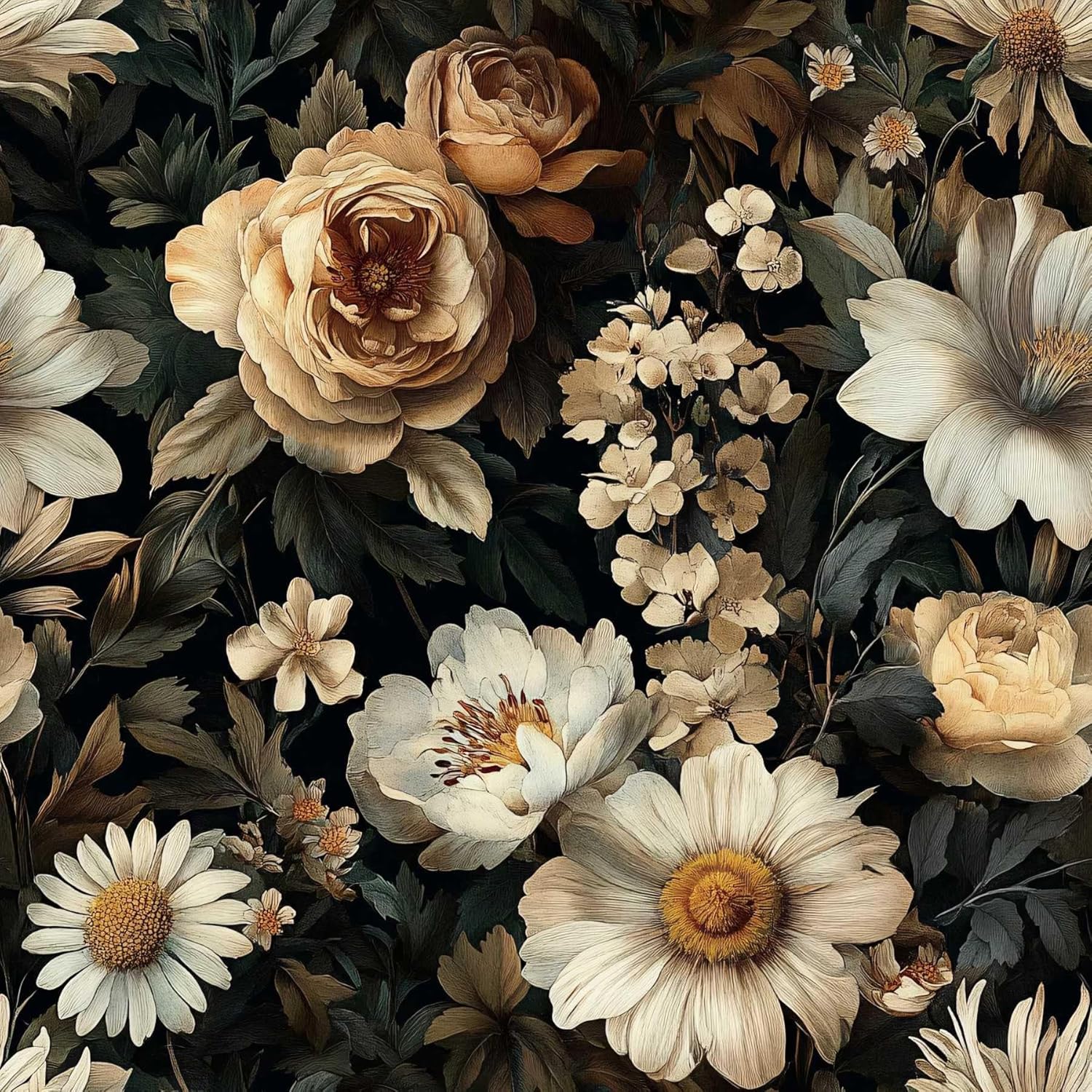 Vintage Floral Peel and Stick Wallpaper, Dark Botanical Wallpaper for DIY Home Decor | Self Adhesive Vinyl 17.7in x 118in