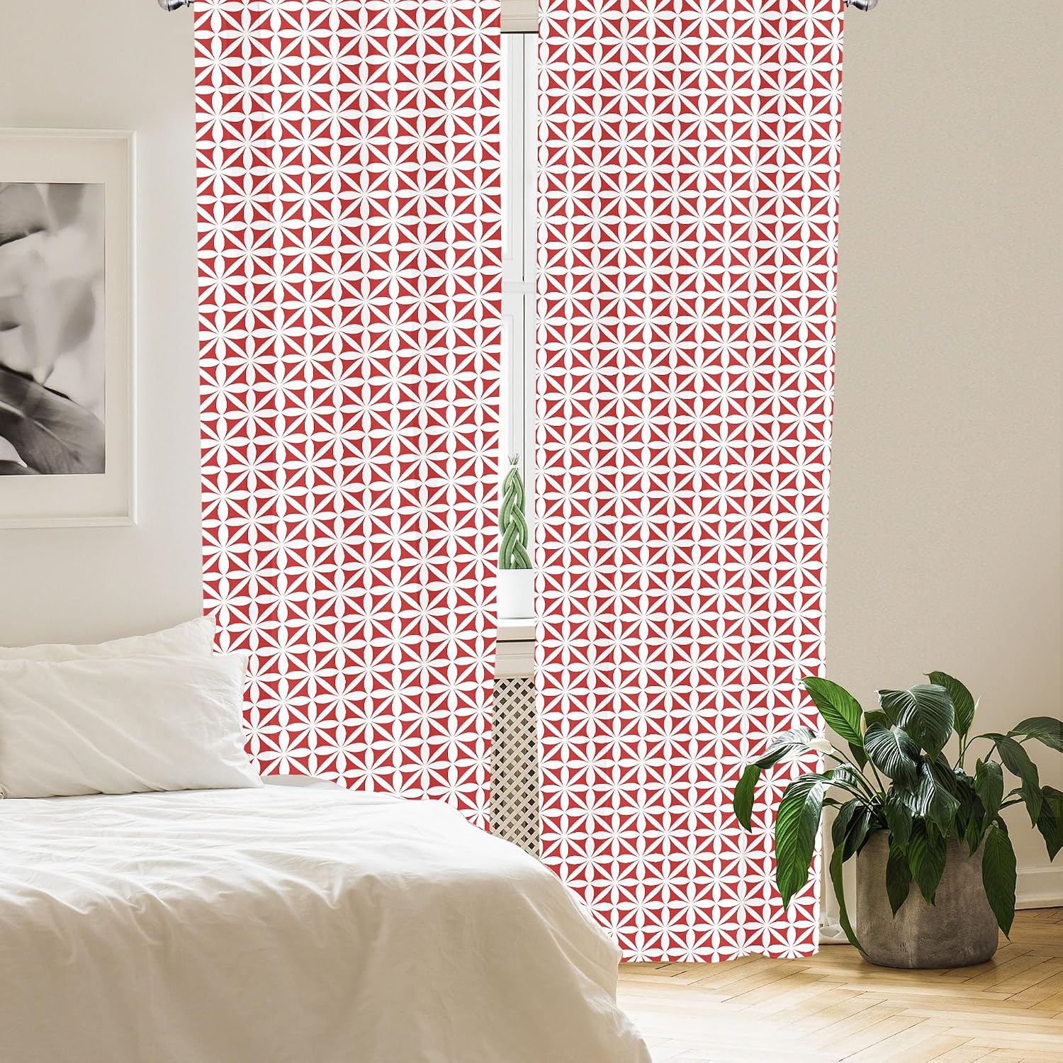 Lunarable Art Deco Curtains, Chain Pattern of Flowers Diasies Gardening Theme Natural Springtime Inspired, Window Treatments 2 Panel Set for Living Room Bedroom, Pair of - 28" x 95", White Red