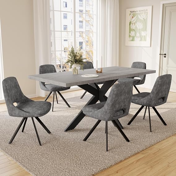 JIEXI Extendable Dining Table and Chairs Set, Modern Dining Room Table Extending 4-6 Seater, MDF Plate Suitable for Living Room, Kitchen (130-170cm Table + 6 Grey Chairs - C)