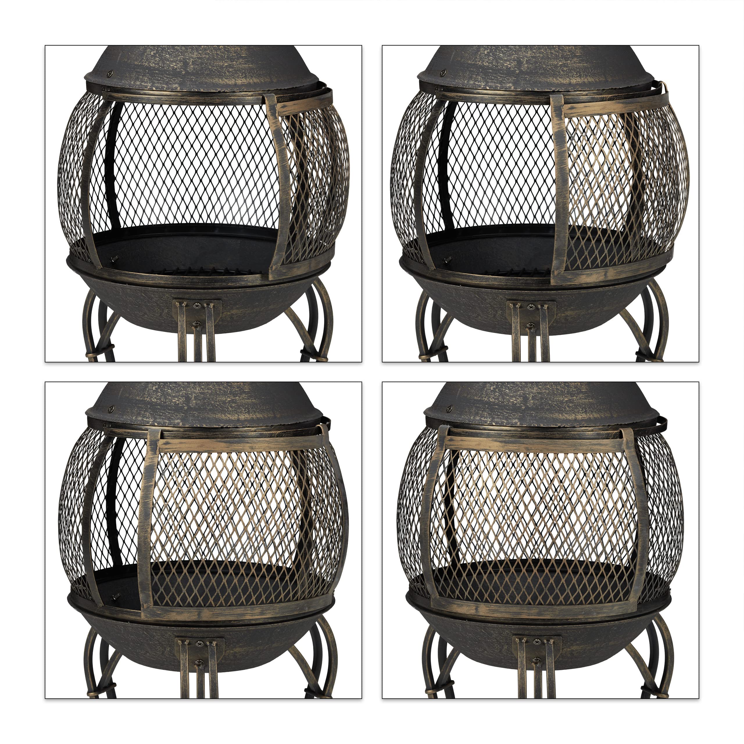 Relaxdays Terrassenofen, Stahl & Gusseisen, HxD: 88x36 cm, Gartenkamin Funkenschutz, Chiminea, Aztekenofen, schwarz/Gold