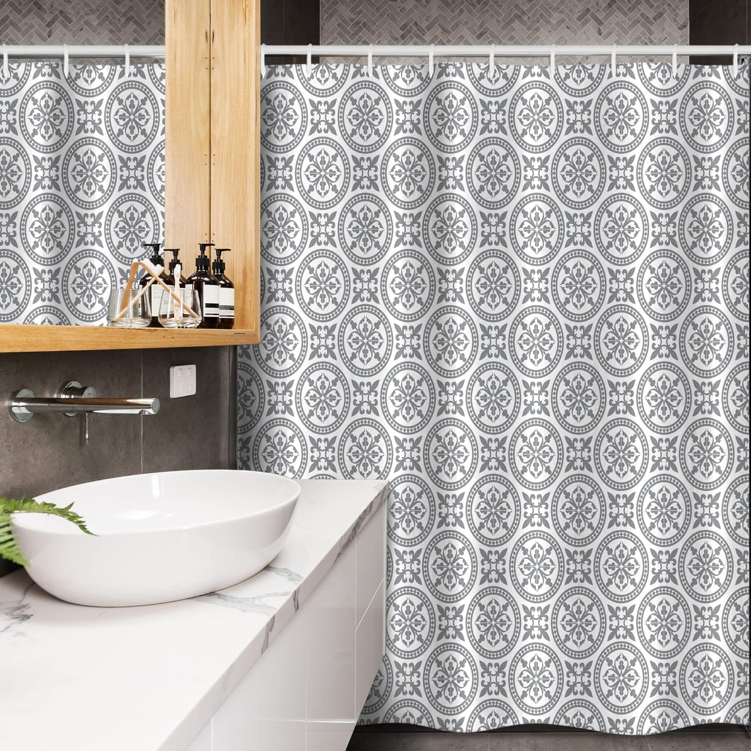 Ambesonne Grey Stall Shower Curtain, Antique Ornate Oriental Floral Motifs Retro Pattern in Modern Graphic Boho Art, Fabric Bathroom Decor Set with Hooks, 54" W x 78" L, Grey White