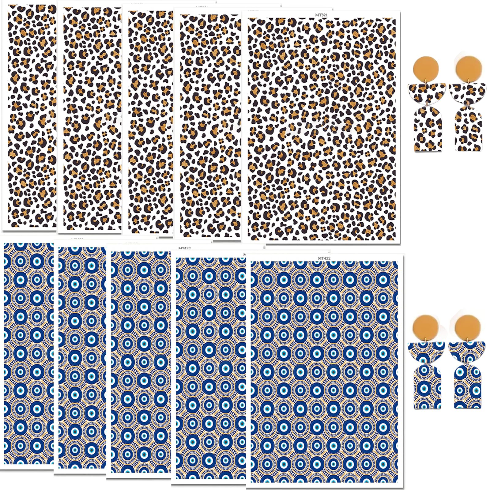 10 Pcs Clay Transfer Paper for Earrings Jewelry, Leopard & Abstract Circle 2 Designs Polymer Clay Transfer Paper, Water Solube Transfer Paper Sheets for Clay Earrings Jewelry Making 5.82X3.93inch