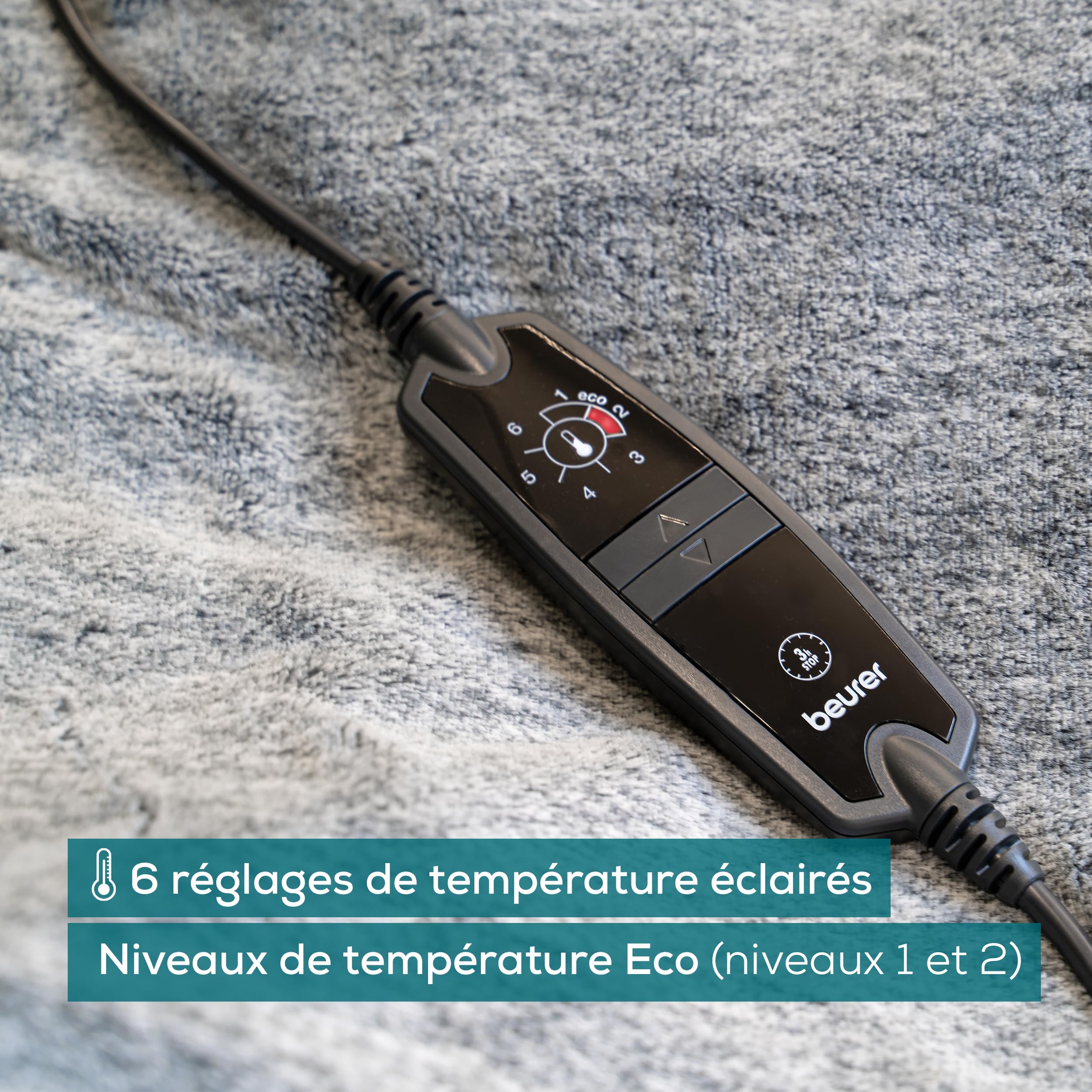 Beurer HD 75 Nordic Grey Couverture chauffante, Face supérieure/inférieure en matériau recyclé, Douce et Moelleuse, 6 Niveaux de température, Lavable en Machine, 180 x 130 cm, Gris