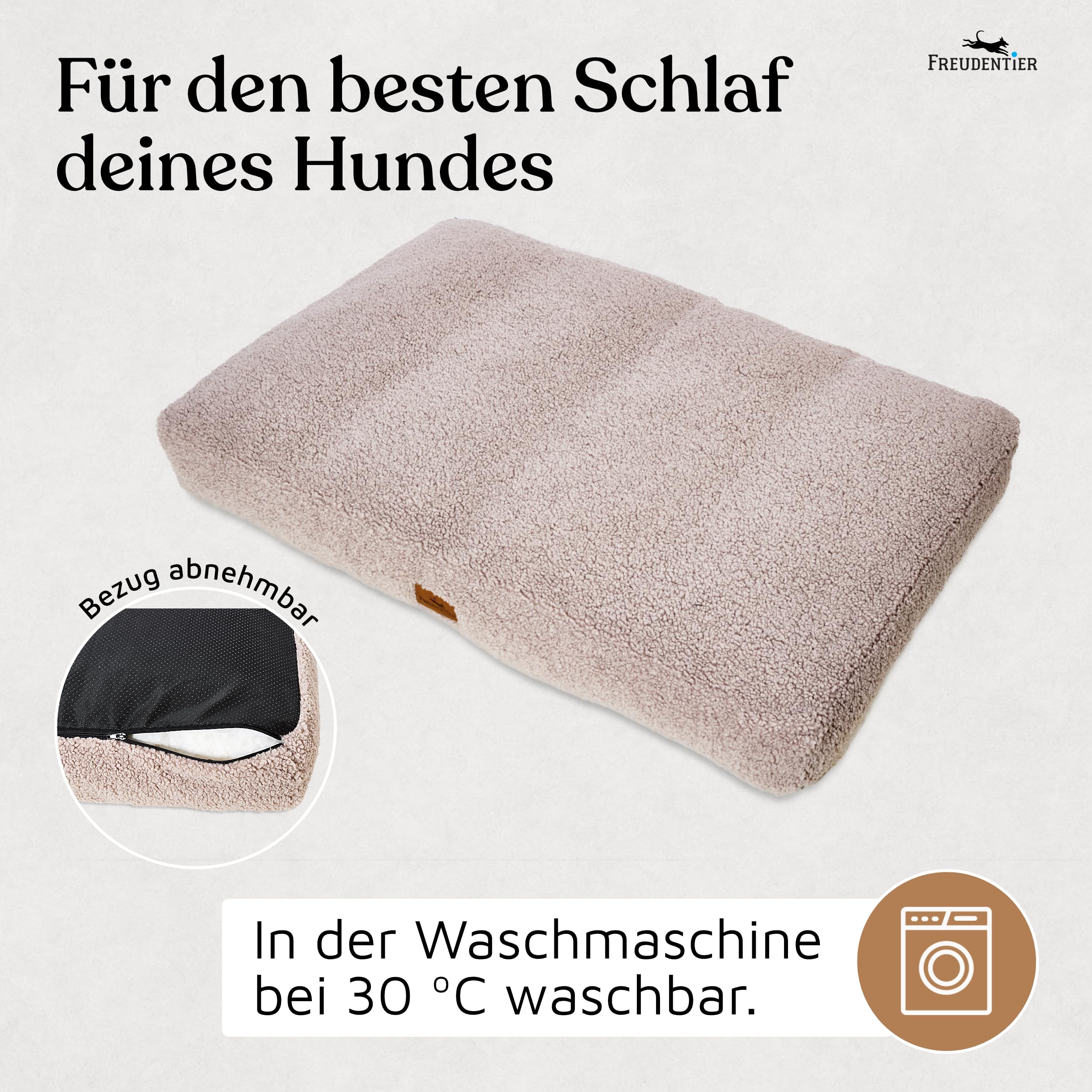 FREUDENTIER Orthopädisches Hundekissen aus Teddy - Waschbar - Hundebett/Hundekorb rutschfest - Für kleine, mittelgroße & große Hunde (Greige, 80x60cm)