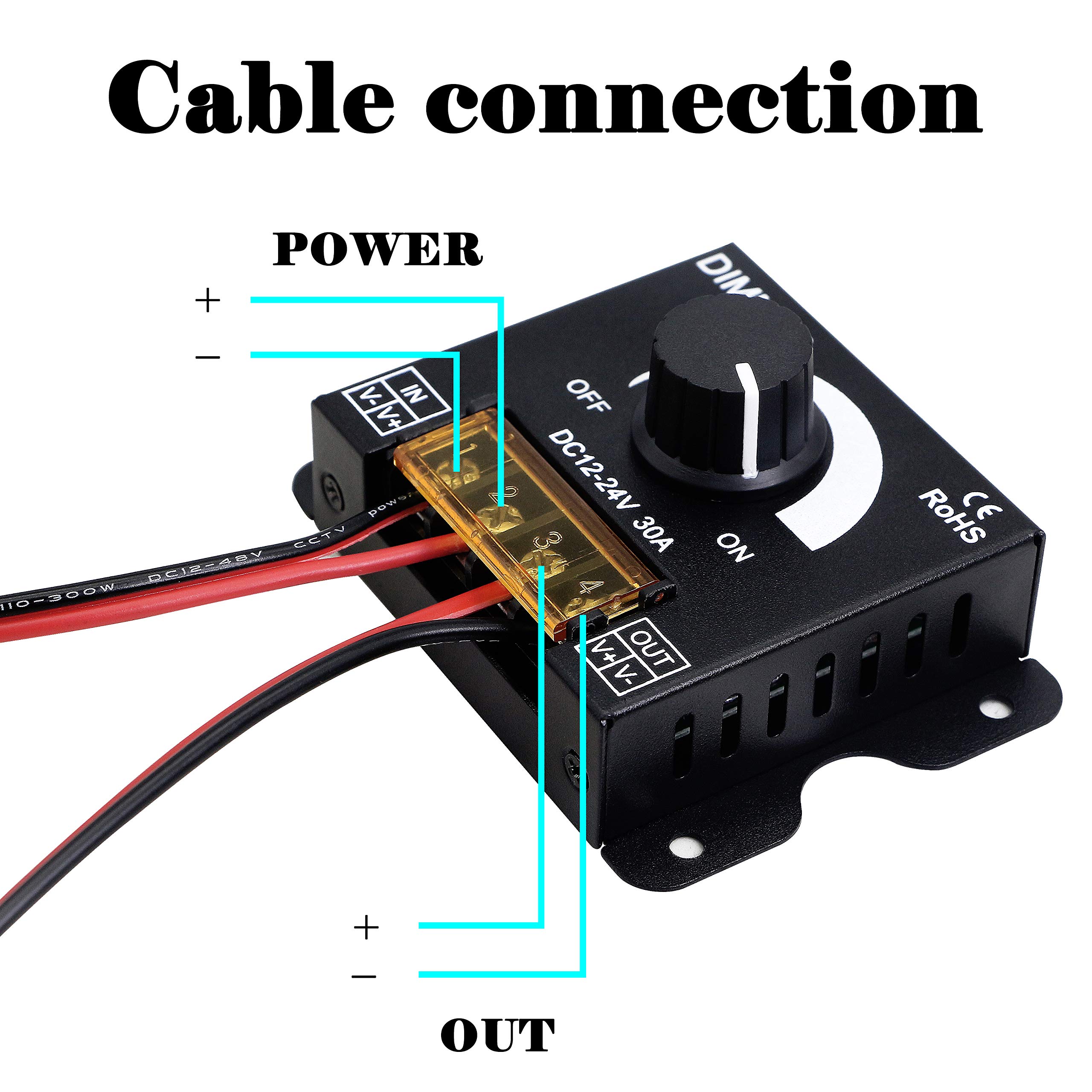 GELRHONR PWM Dimmer Controller – 12V/24V 30A LED Strip Brightness Adjuster With Memory Function, DC 5.5mm Cable Included