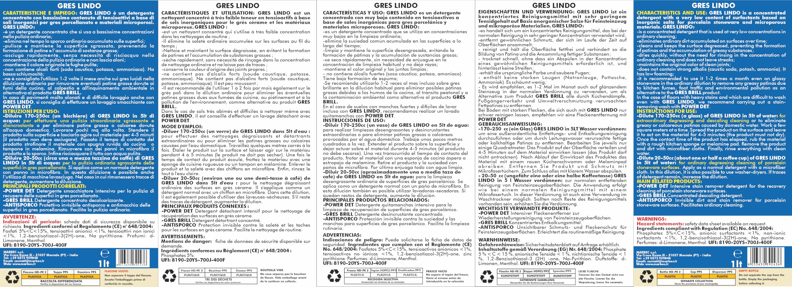 MARBEC GRES LINDO 1LT Detergente per pavimenti in gres porcellanato pulisce sgrassa senza residui. Mantiene pavimenti e fughe pulite. Ideale per Uso Quotidiano.