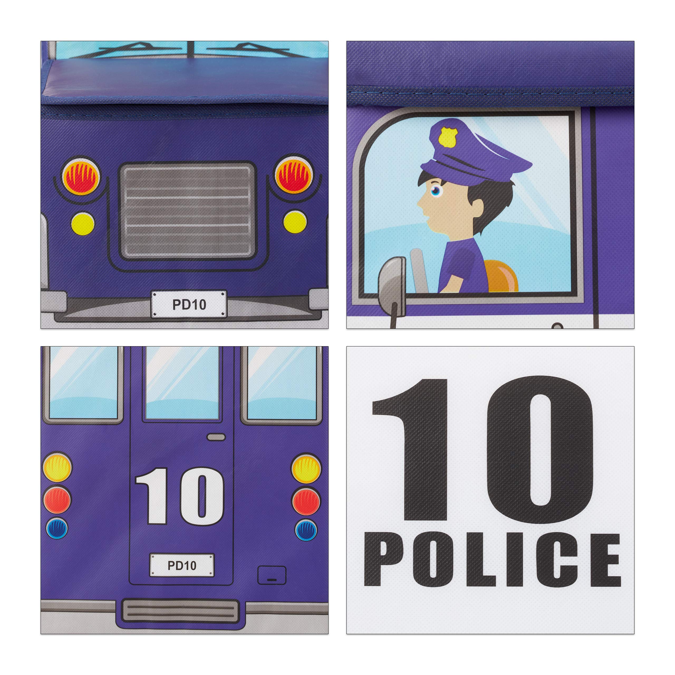 Relaxdays Sgabello Bambini Contenitore Giocattoli con Scomparto, Pieghevole, Furgone della Polizia 50 l, Blu Scuro