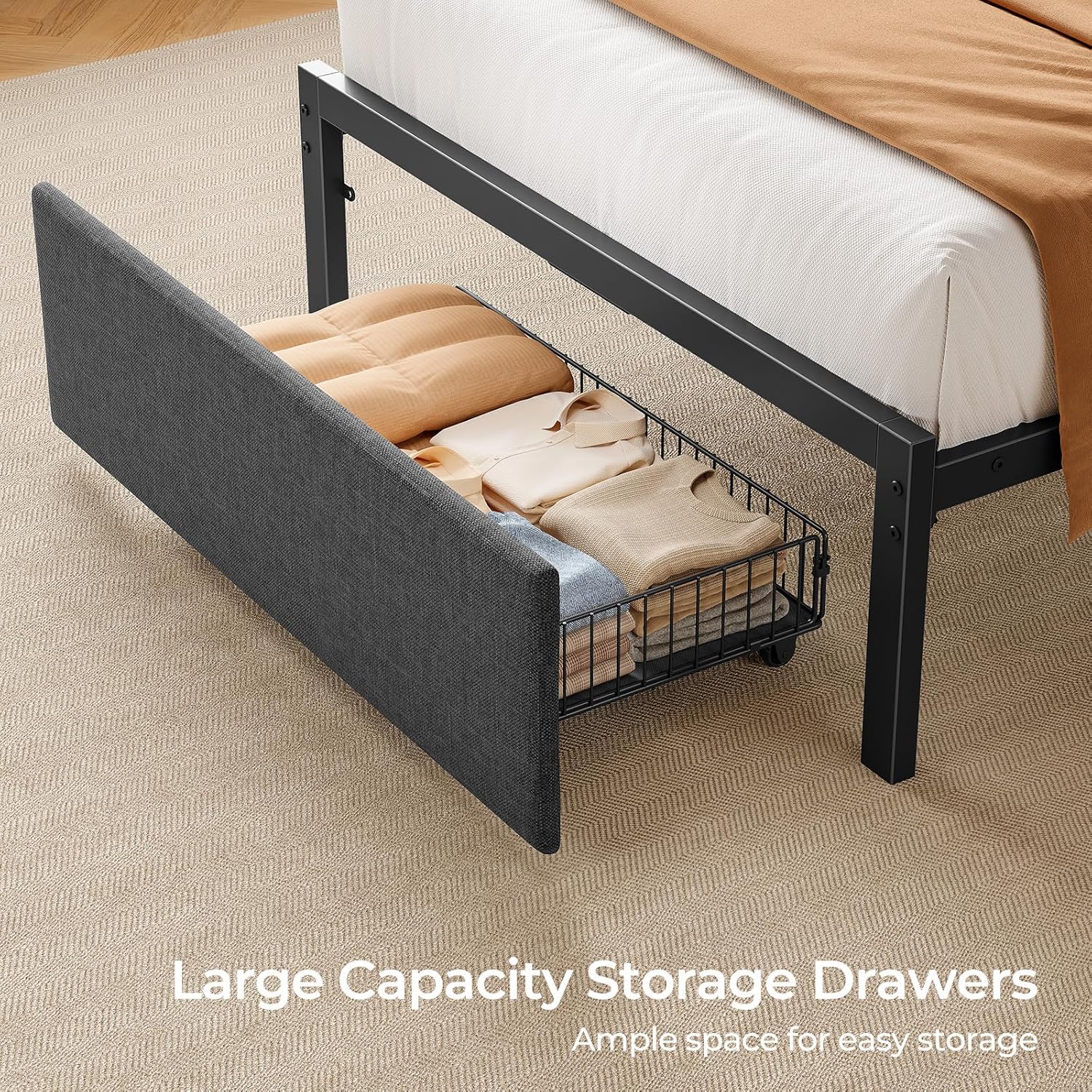 Rolanstar Twin Bed Frame with Ergonomic Headboard Storage & Charging Station, Upholstered Platform Bed with LED Light & Drawer, Heavy Duty Metal Slats, Noise Free, No Box Spring Needed, Grey