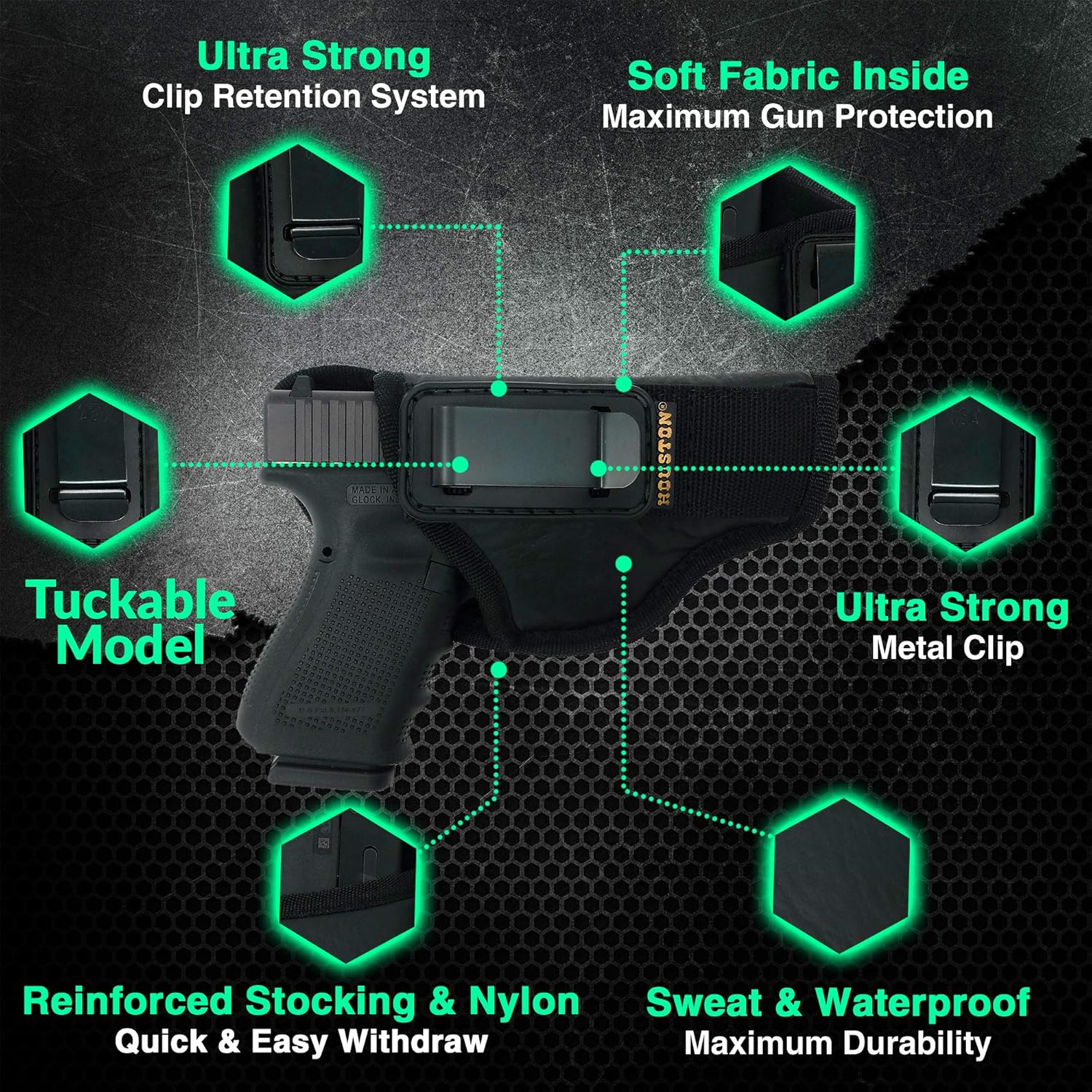 IWB Tuckable Gun Holster for Men Concealed Carry Glock, Ruger, Springfield, Sig, S&W, Walther, Taurus, H&K, Beretta - Gun Holster for Women/Men - Concealed Holsters by Houston