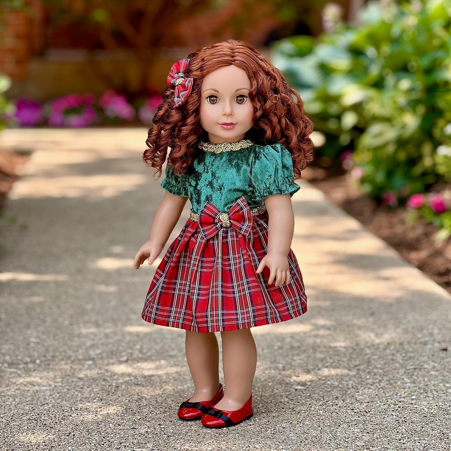 Christmas Classic - 3 Piece Outfit - Green and Red Party Dress, Red Shoes and Hair Bow - Clothes Fits 18 Inch Doll (Doll Not Included)