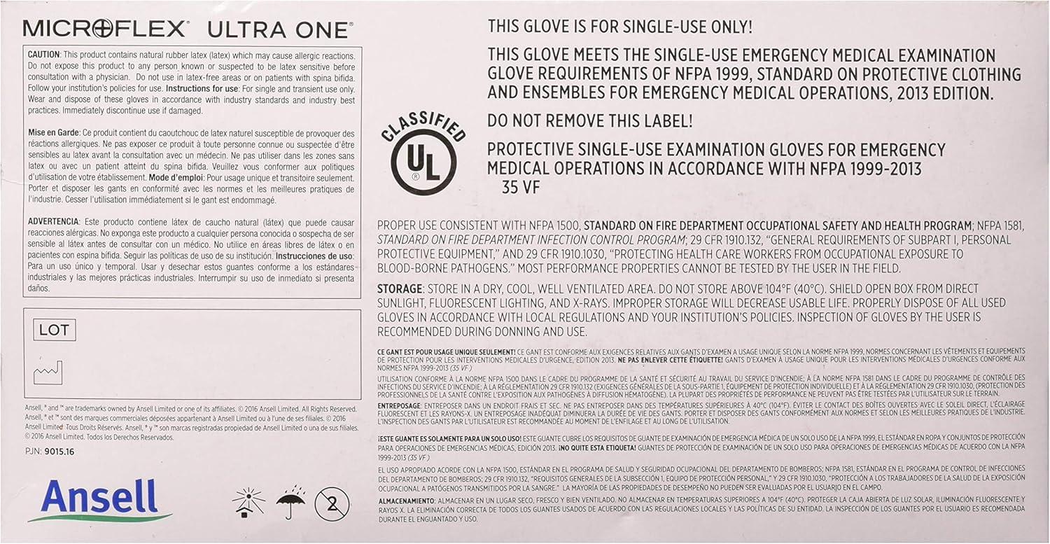 Microflex Ultra One Powder Free, Latex Extended Cuff Examination Gloves - Large, UL315L