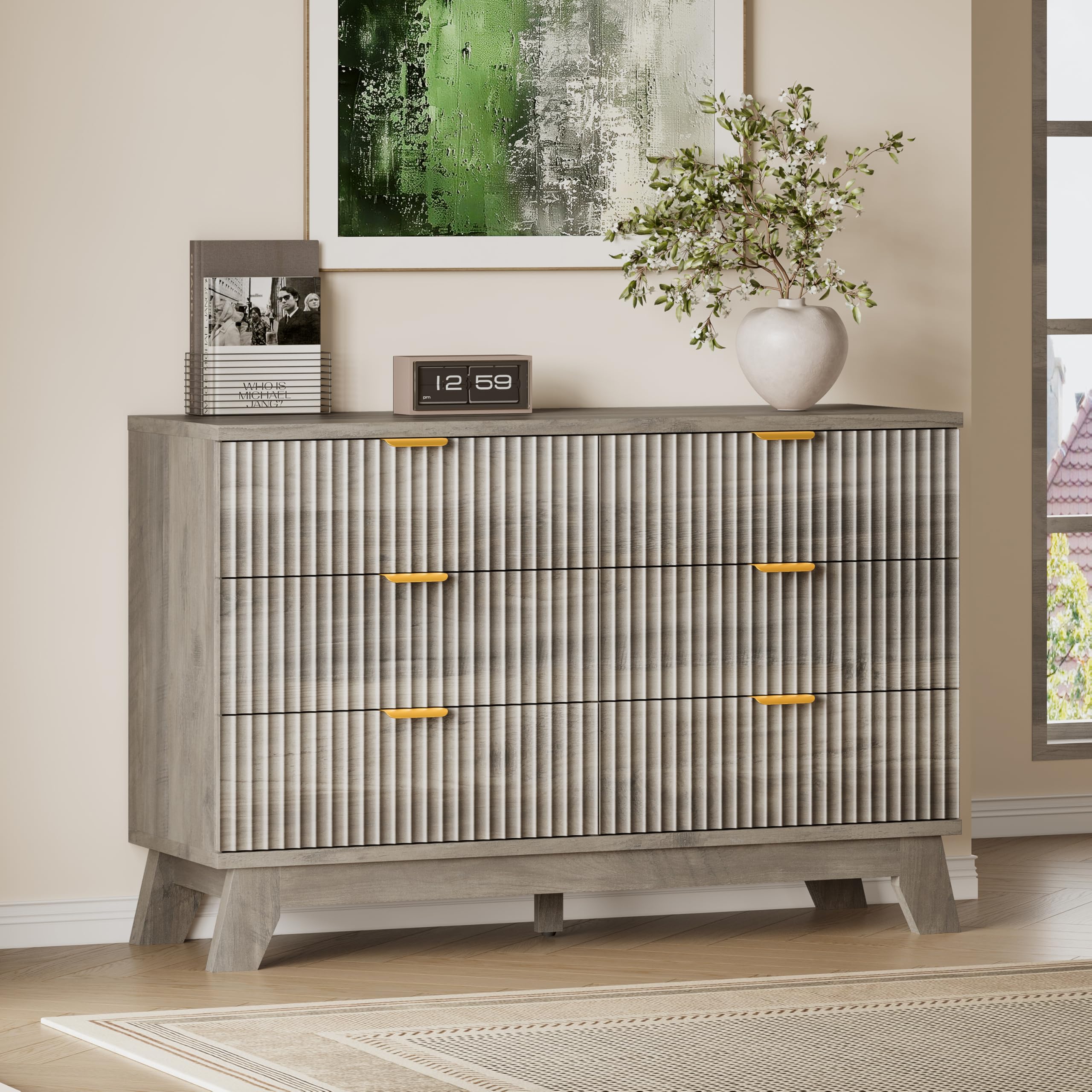 BORNOON Fluted 6 Drawer Dresser, 47.2" Wide Modern Boho Chest of Drawers, Wooden Storage Dresser TV Stand for Bedroom, Living Room, Closet, Hallway, Curved Profile Design