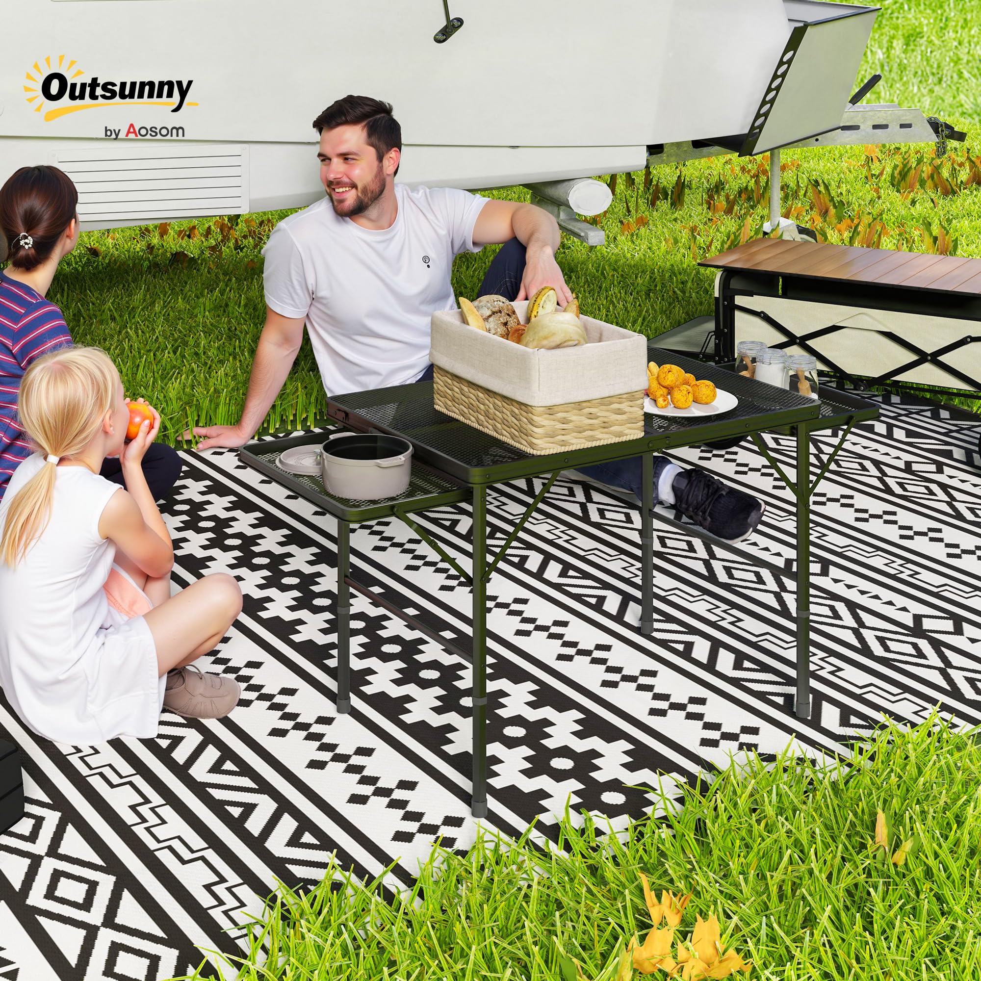 Outsunny Mesa Plegable Camping de Aluminio 137x62x67 cm con Laterales Abatibles y Altura Ajustable Mesa Plegable Portátil Ligera con Encimera Metálica de Rejilla para Acampar Senderismo Playa Negro