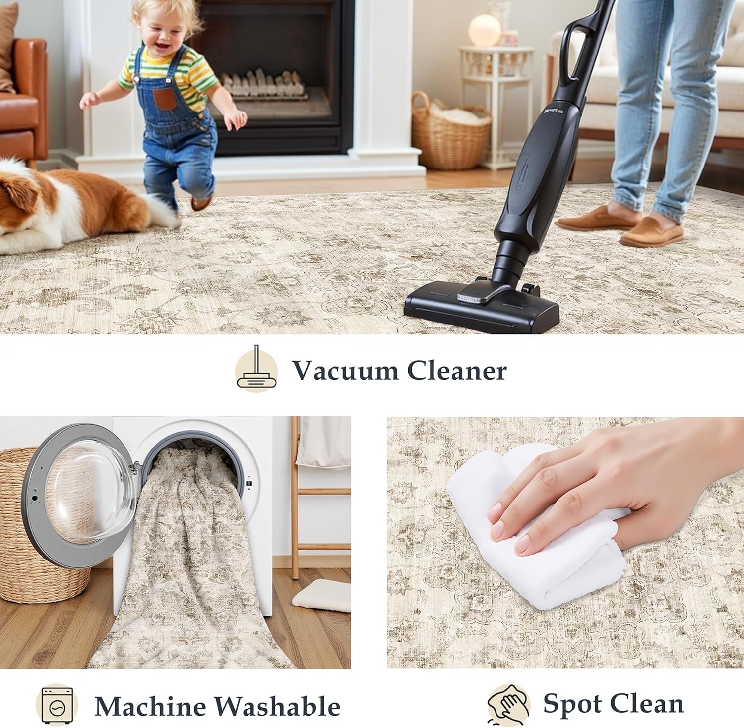 Neutral Kitchen Rug Set of 3 Washable Beige Vintage Kitchen Mats for Floor Non-Slip Kitchen Runner Rug Soft Low Pile for Bathroom Laundry Hallway Sink Entryway