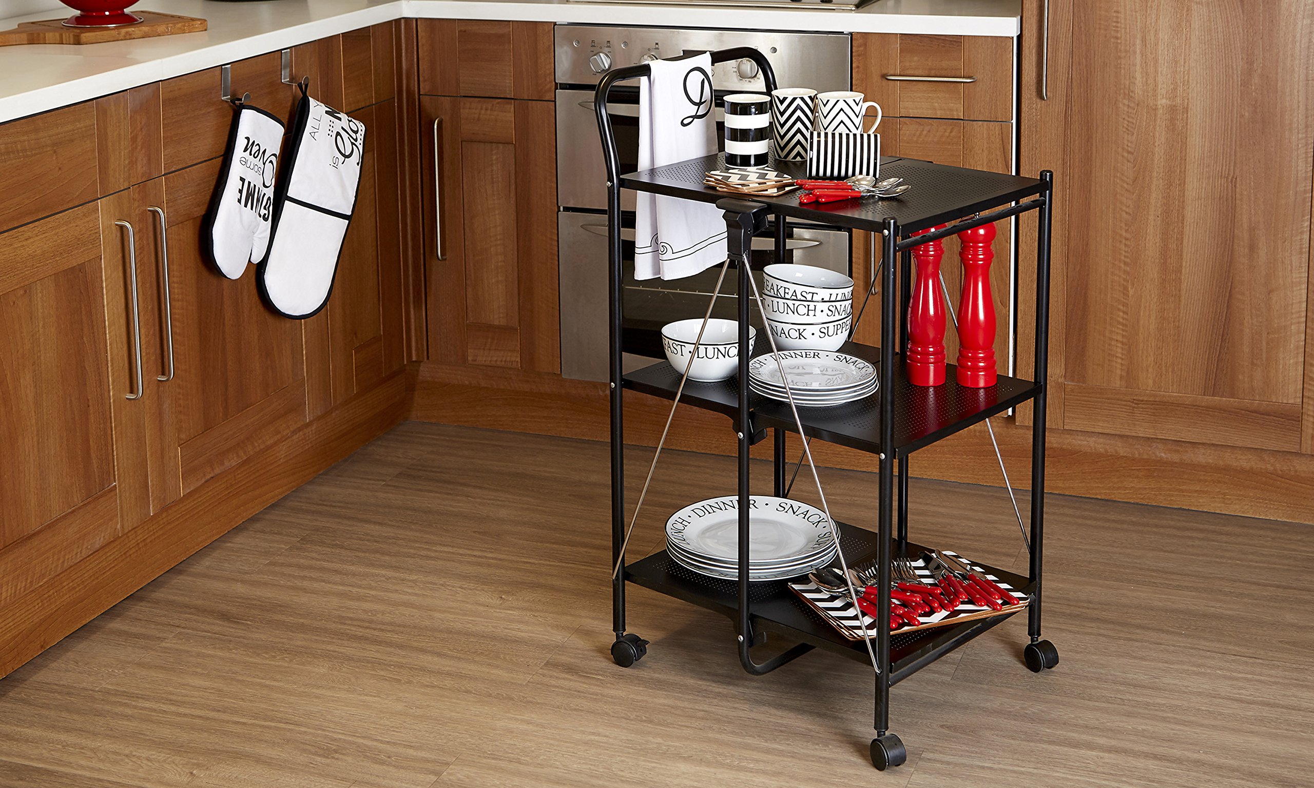 Premier Housewares Carro de Cocina Plegable, plástico y Metal Recubierto de Polvo, Color Negro
