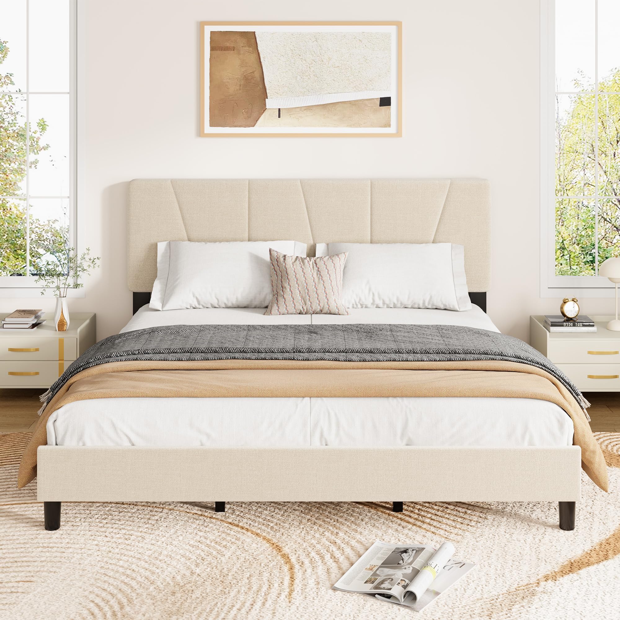 GarveeHome King Size Bed Frame with Adjustable Headboard, Linen Upholstered King Platform Bedframe with Strong Wooden Slats, Mattress Foundation, No