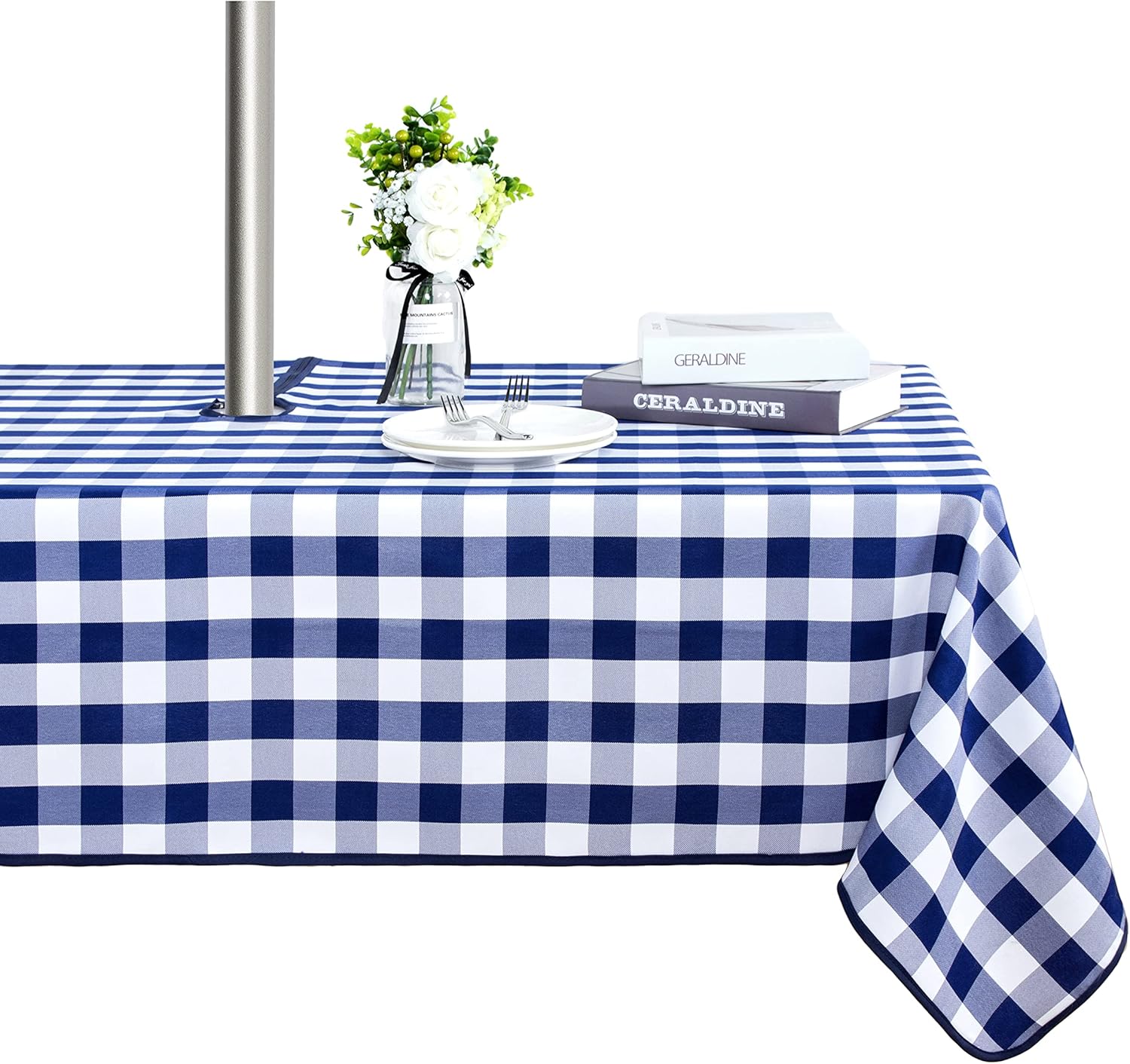 LUSHVIDA Checkered Table Cover Outdoor and Indoor Tablecloth - Washable Waterproof Wrinkle Free Table Cloth with Zipper and Umbrella Hole for Spring/ Summer/ Party/ Picnic/ BBQS/ Patio 60x84 inch Navy : Patio, Lawn & Garden