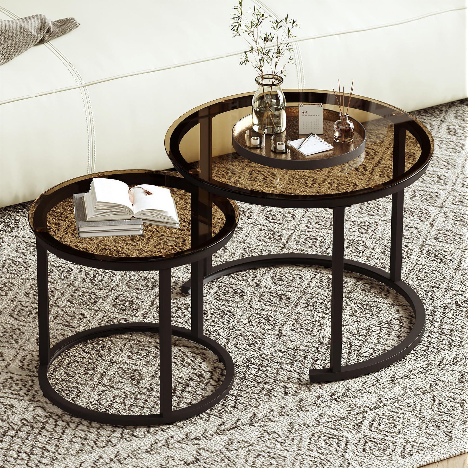 Hawthyhome 2-Piece Round Side Table Set, Modern Coffee Tables, Glass Coffee Table with Metal Frame, Set of Tables for Living Room, Bedroom, Brown Glass