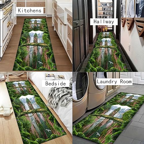 Miniatura 4 de Alfombra de ilusión óptica, 2 x 10 pies, alfombra de pasillo verde 3D con impresiones como acantilados grúas voladoras y plantas verdes, emocionante