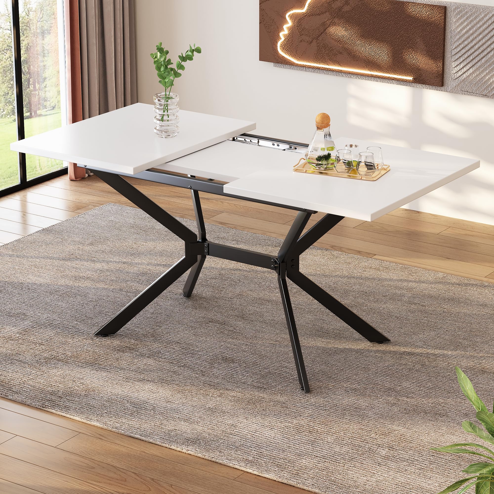 Soweiz Mesa de comedor extensible blanca de 120/160 x 80 x 75 (cm), patas de metal negro, mesa de comedor rectangular blanca, adecuada para cuatro a seis personas