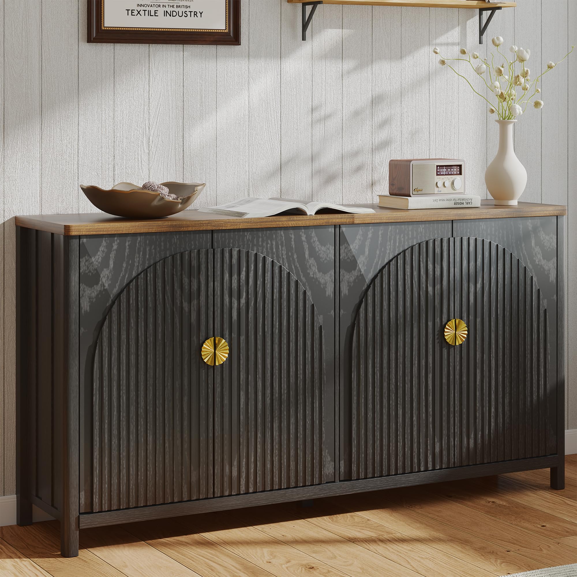 63" Farmhouse Sideboard with 4 Fluted Doors (Black)