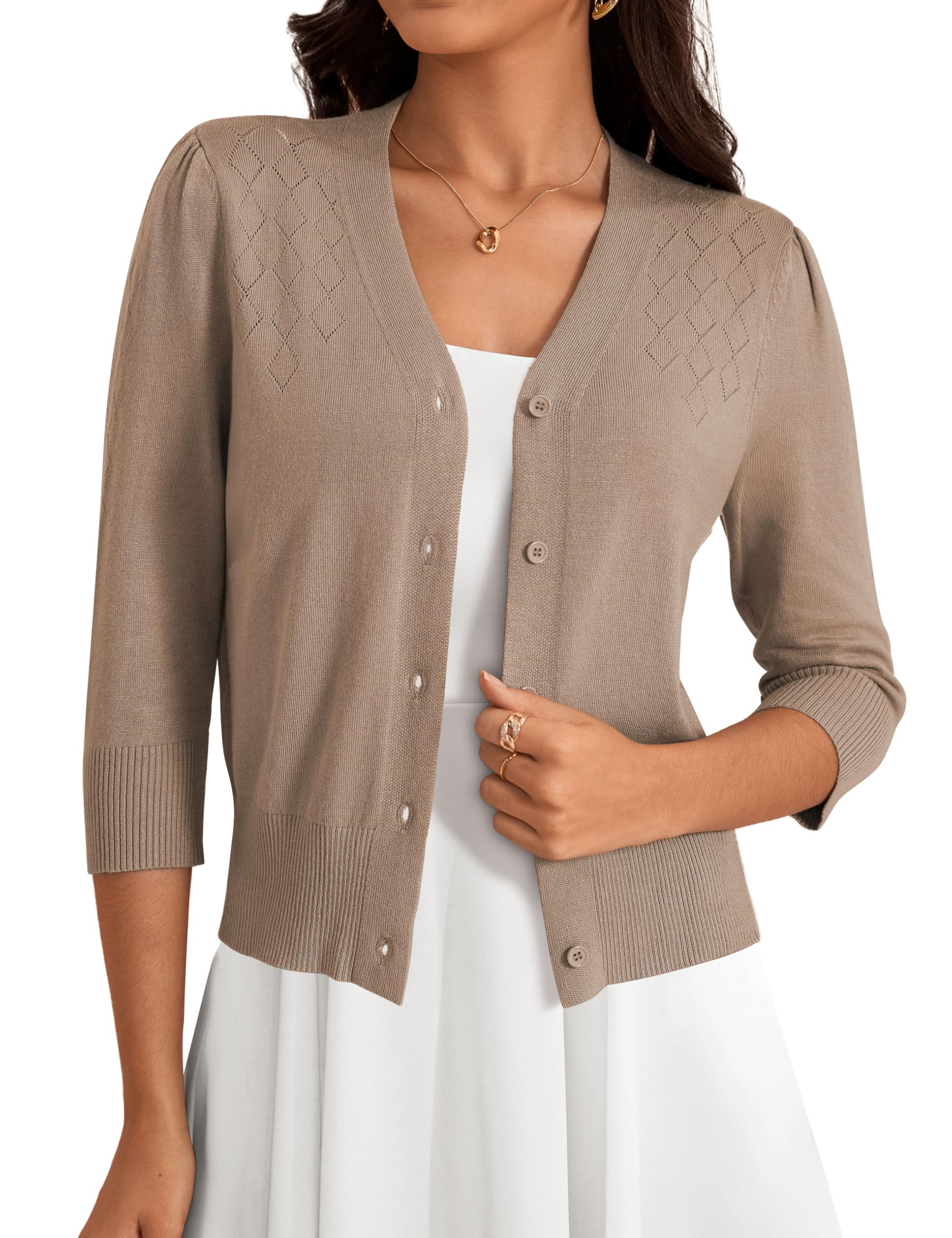 VERABENDI Women's 3/4 Sleeve Cropped Cardigan Sweaters Button Down Open Front Bolero Shrugs for Dresses S-XL