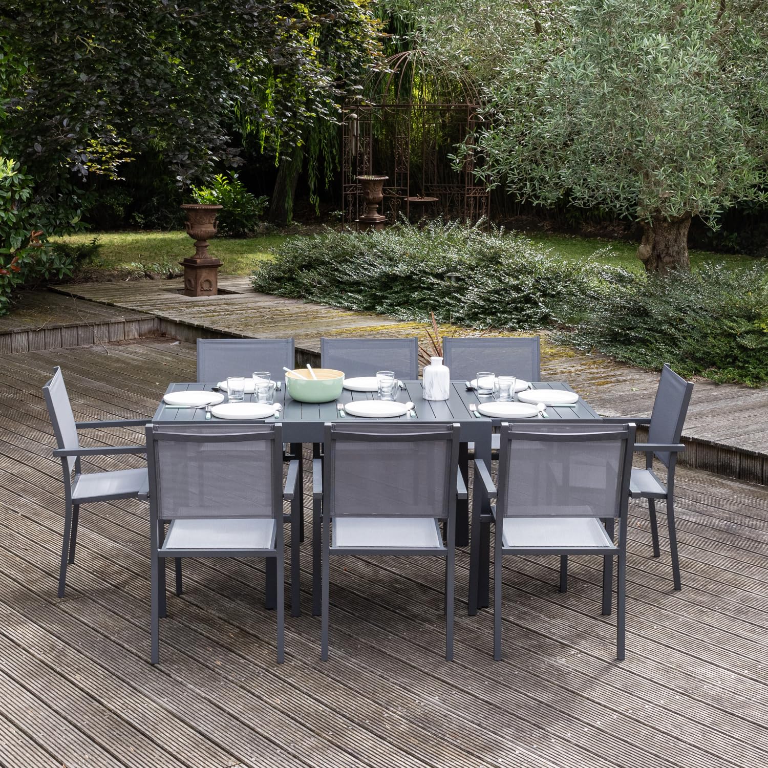 Salon de Jardin Venezia Extensible 90/180 en textilène Gris 8 Places - Aluminium Anthracite