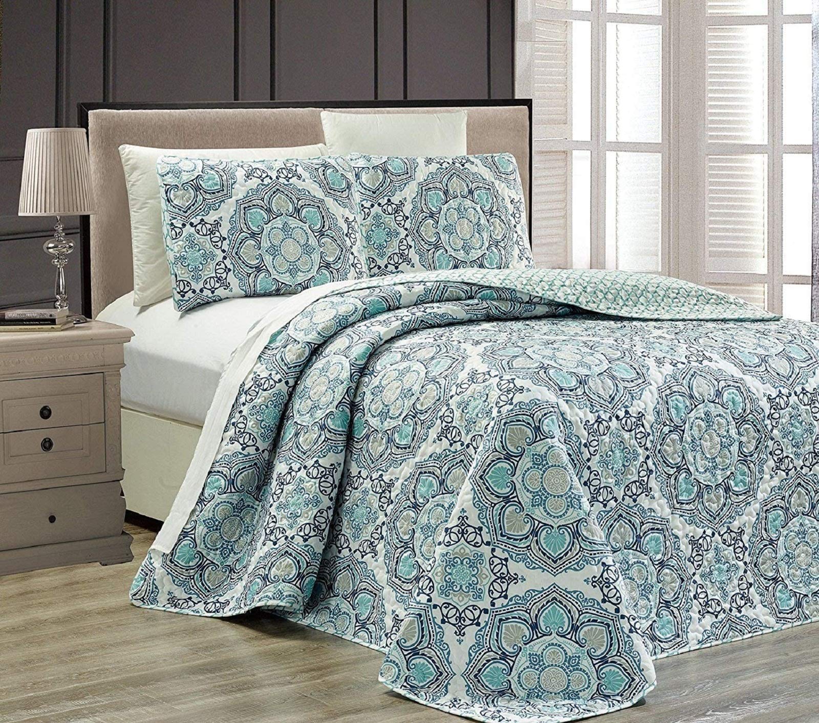 Linen Plus Full/Queen 3pc Reversible Oversized Bedspread Set Medallion Print Navy Blue White Teal Aqua Taupe-image-33