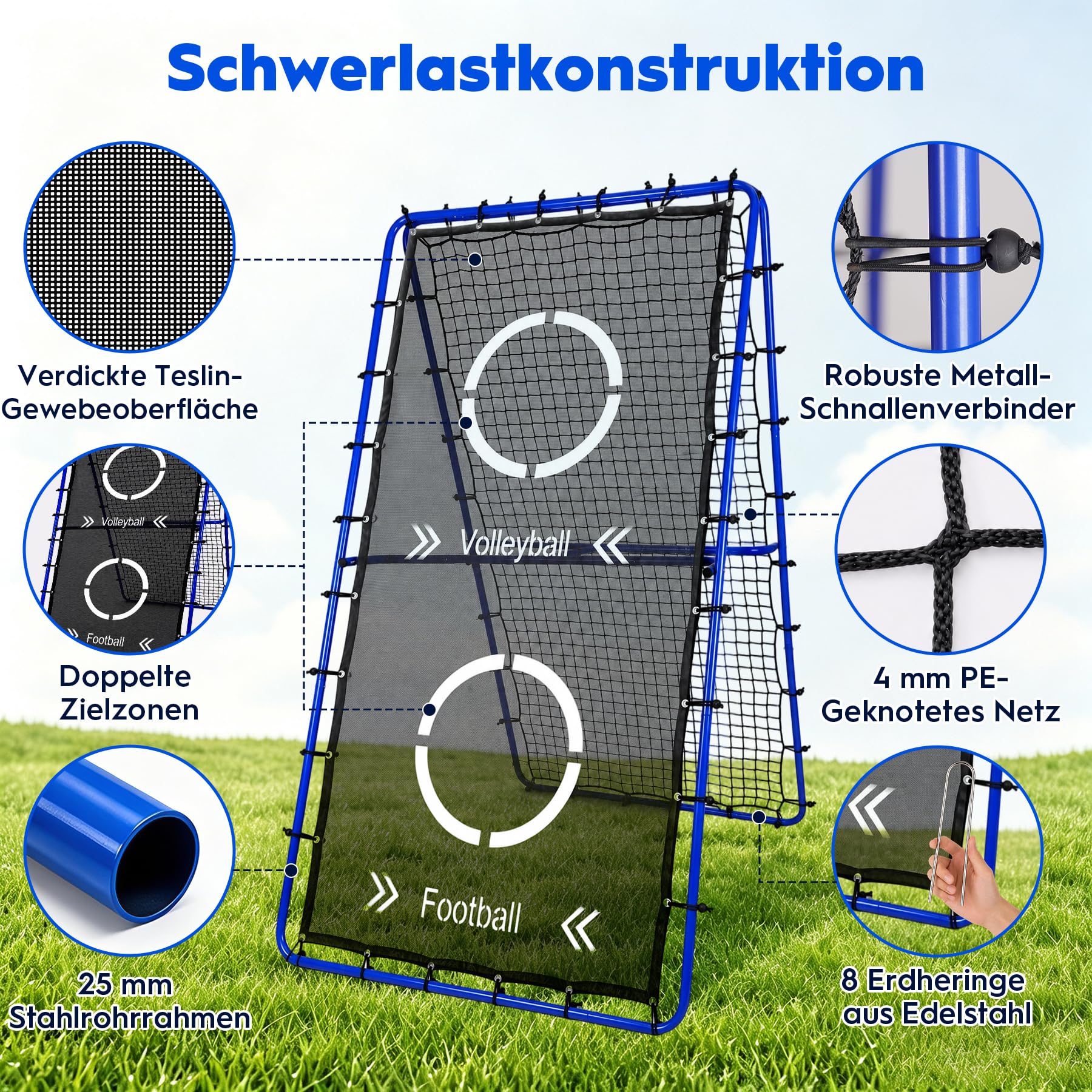 Volleyballnetz, 2,2 x 1,2 m, 6-Fach Verstellbarer Rebounder