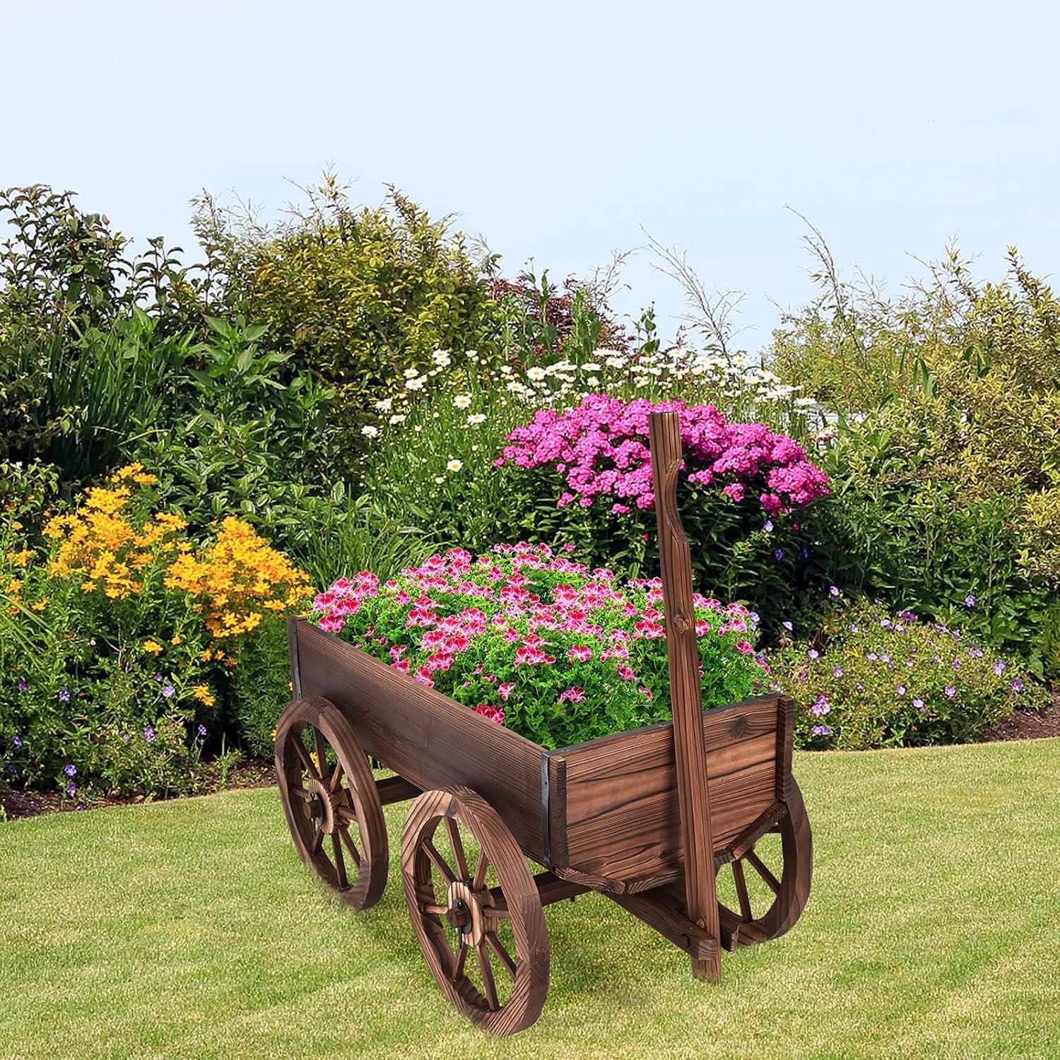 GOPLUS Blumenwagen Holz, Pflanzwagen mit 4 Rädern, Pflanzschubkarre mit Verstellbarer Griff, Pflanztopf Garten mit Ablauflöchern, Bollerwagen Schubkarre Blumenkarre Gartendeko Outdoor, 120x43x53,5 cm