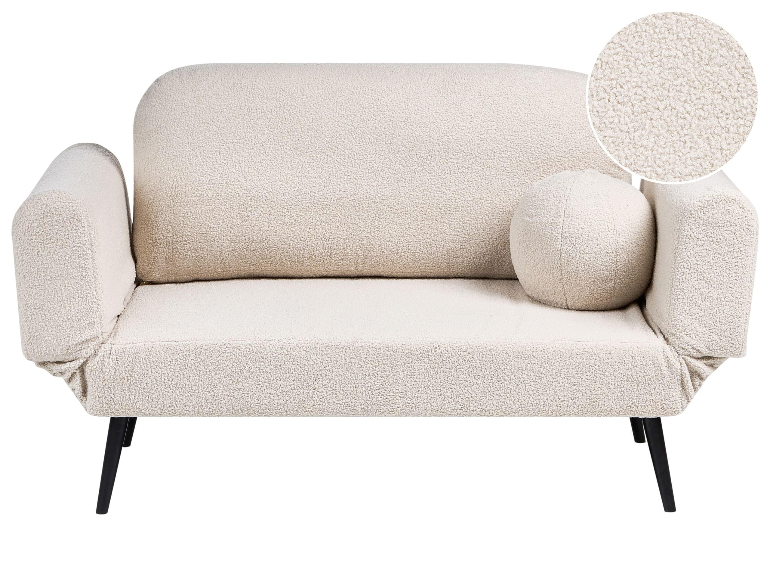 Sofa rozkładana z funkcją spania okrągła poducha tapicerowana boucle żelazne nogi salon sypialnia złamana biel Dorotea
