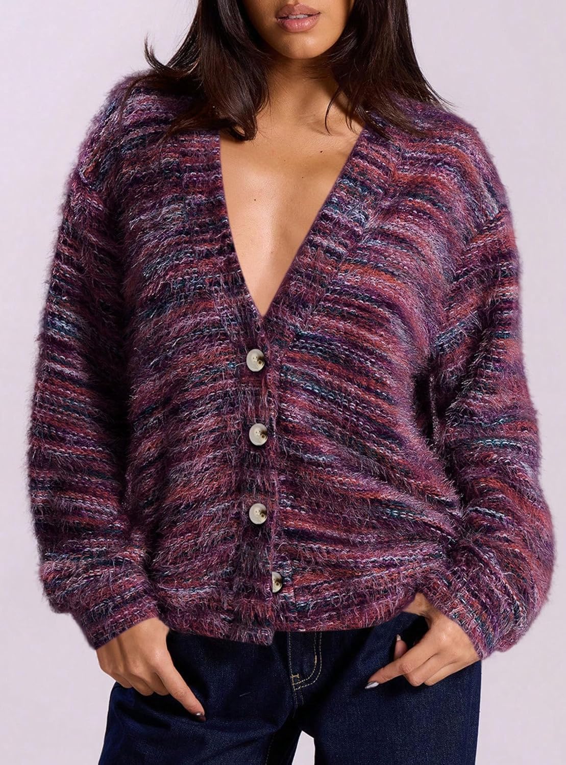 PRETTYGARDEN Womens Cardigan Sweaters Fall Fashion 2026 Striped Long Sleeve Button V Neck Knit Fuzzy Outerwear Winter Clothes - Image 4