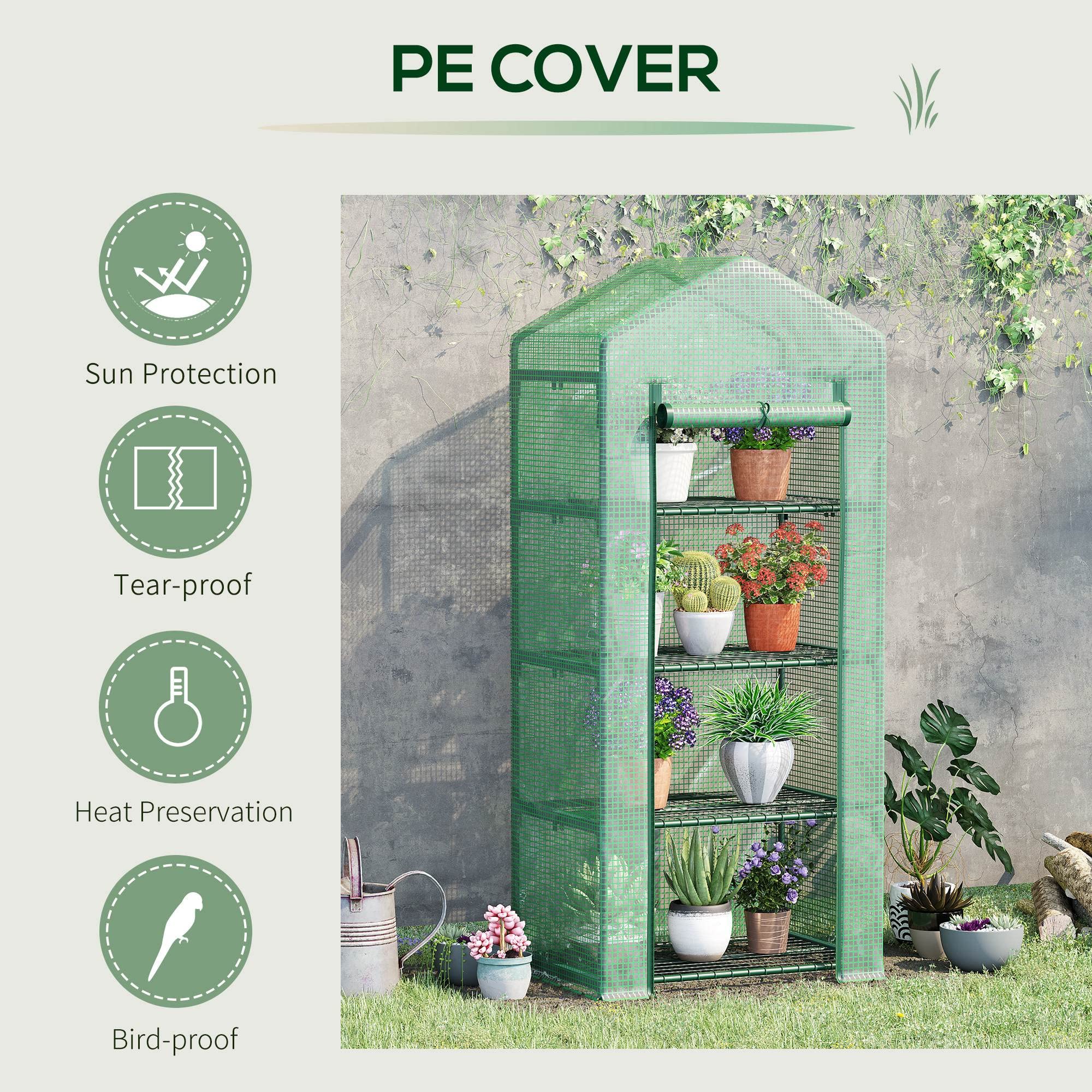 Outsunny 4 Tier Mini Greenhouse, Portable Compact Green House with Steel Frame, PE Cover, Roll-up Door, 70 x 50 x 160 cm, Green - Image 4