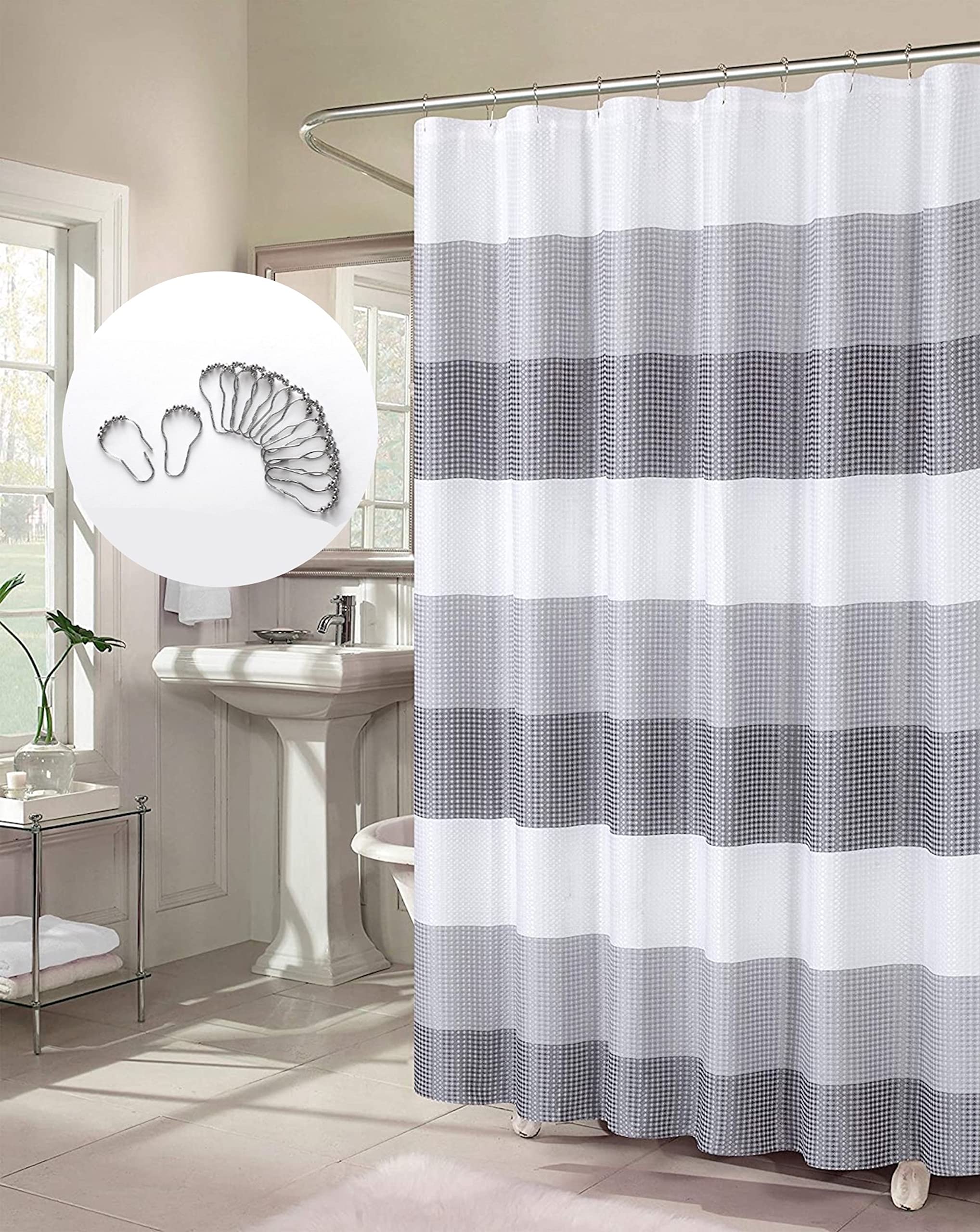 Dainty Home Waffle Weave Waterproof Shower Curtains, Grey 70" x 72", Bath Curtains, Shower Curtain Waterproof Fabric with 12 Roller Ball Hooks