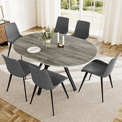 Miniatura 15 de Juego de mesa de comedor redonda extensible para 6 personas, mesa de cocina extensible de 43.3 a 59.1 pulgadas con 6 sillas tapizadas, ahorro de