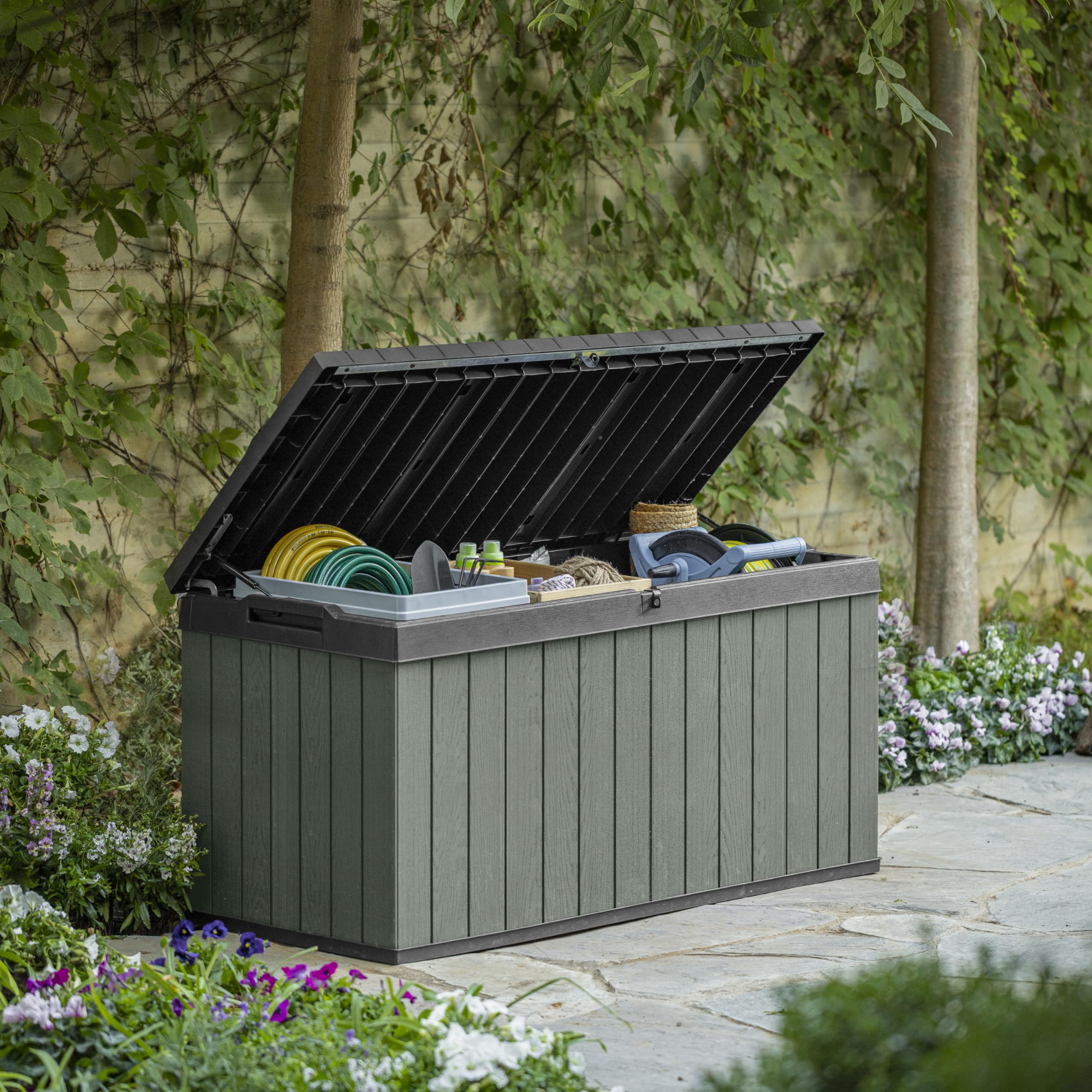 Keter Darwin 511L - Scatola portaoggetti per mobili da giardino da esterno, effetto legno Evotech+, non sbiadisce, resistente a tutte le intemperie, sicura e sicura, nessuna manutenzione, 2 anni di