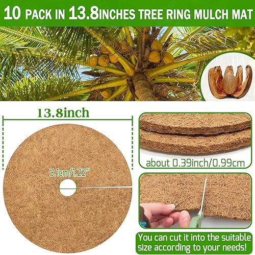 Miniatura 2 de ZeeDix Paquete de 10 anillos de mantillo de fibra de coco de 14 pulgadas, anillo de fibra de coco 100% natural, tapete protector de plantas, discos