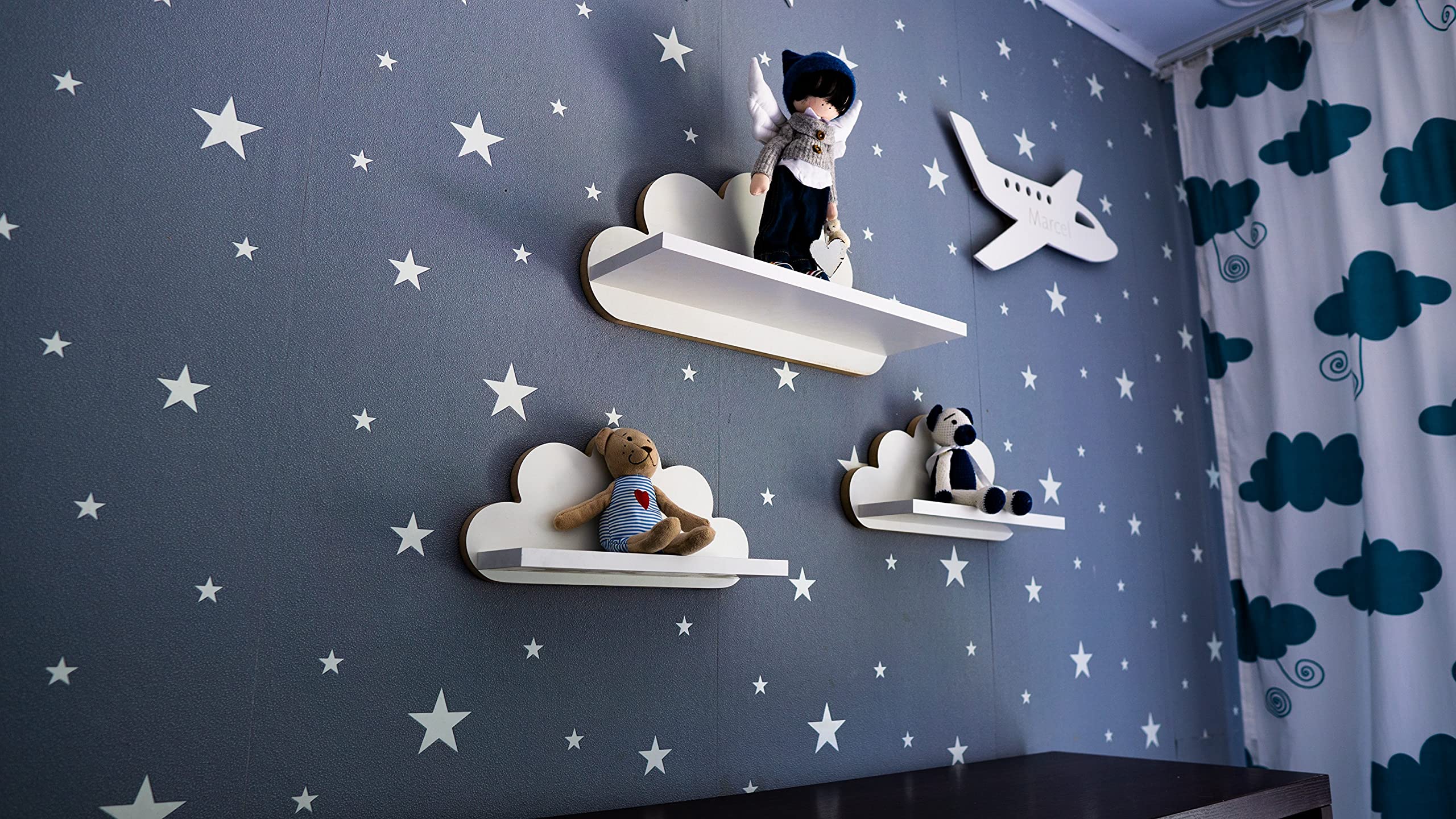 MOLILAND Wolkenrek voor babykamer, set van 3 stuks, wandrek voor kinderkamer in wit, wolk van hout in Scandinavische stijl, zwevend rek, wanddecoratie met bevestigingsset