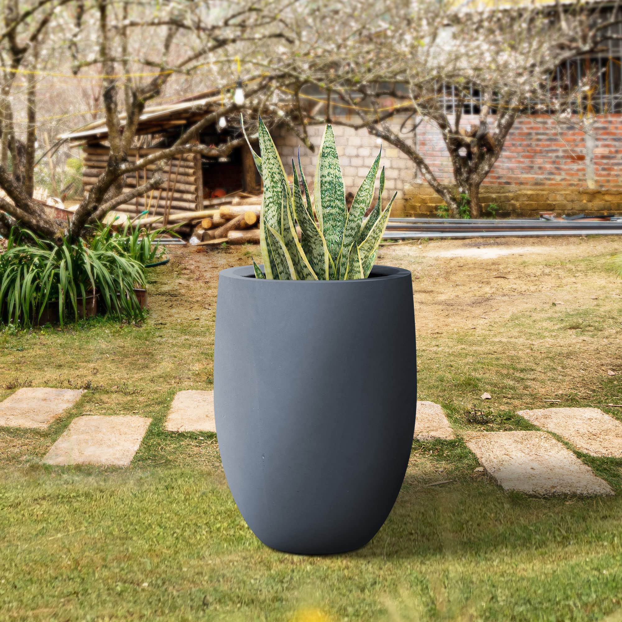 Kante AC0066A-60121 Concrete Large Outdoor Indoor Planters, Decorative Pots with Drainage Holes, Modern Round Taper Style for Home and Garden, 21.7" H, Dark Gray