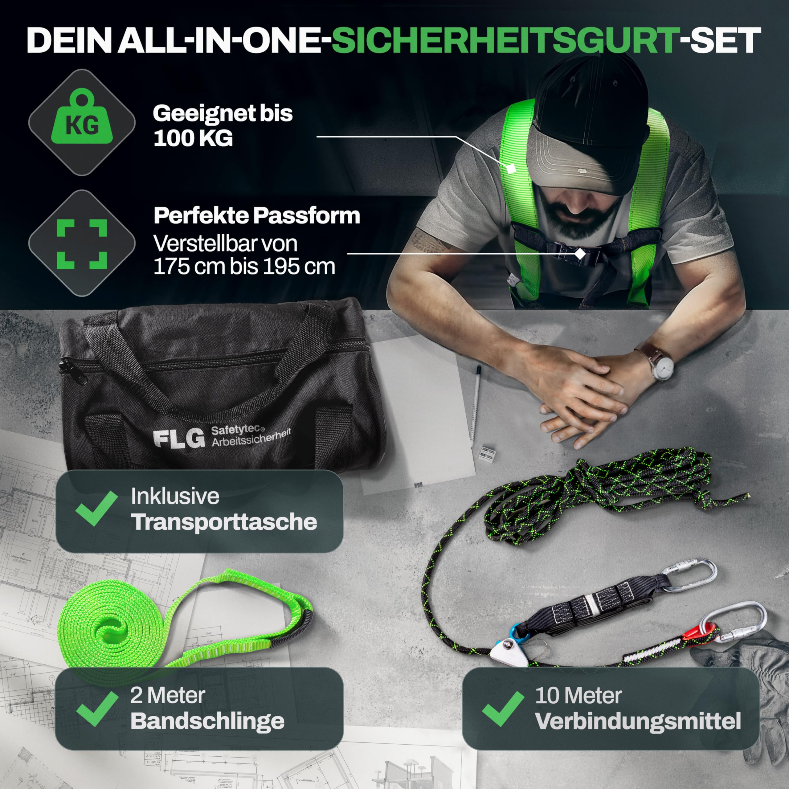 FLG Safetytec Fallschutz Komplettset - 2-Punkt Auffanggurt mit 10m Verbindungsmittel und 2m Bandschlinge für maximale Sicherheit bei Höhenarbeiten gem. EN353 / 361/795