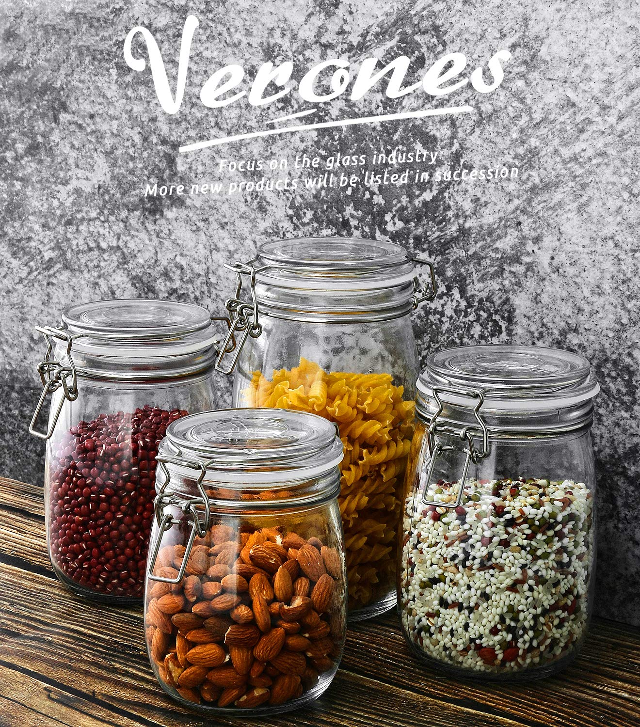 Airtight Glass Jars, VERONES 2 PACK 27 OZ & 2 PACK 50 OZ Round Glass Canister Set with Wide Mouth Leak-Proof Fit for Food Storage, Canning, Cereal Container